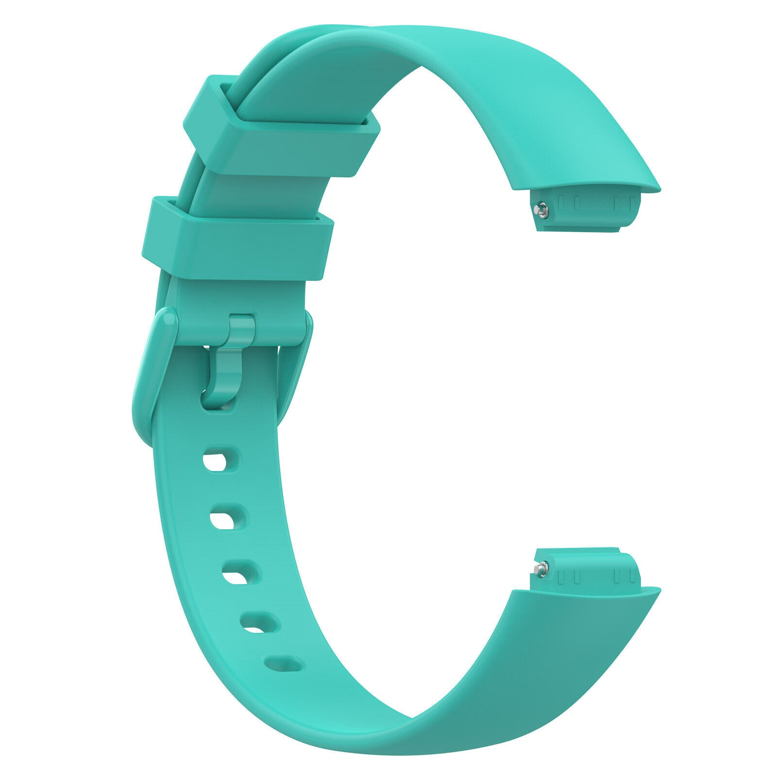 Ein türkisfarbenes Uhrenarmband wird vor weißem Hintergrund gezeigt. Es ist gebogen und offen gestaltet und zeigt Schnalle und Löcher.