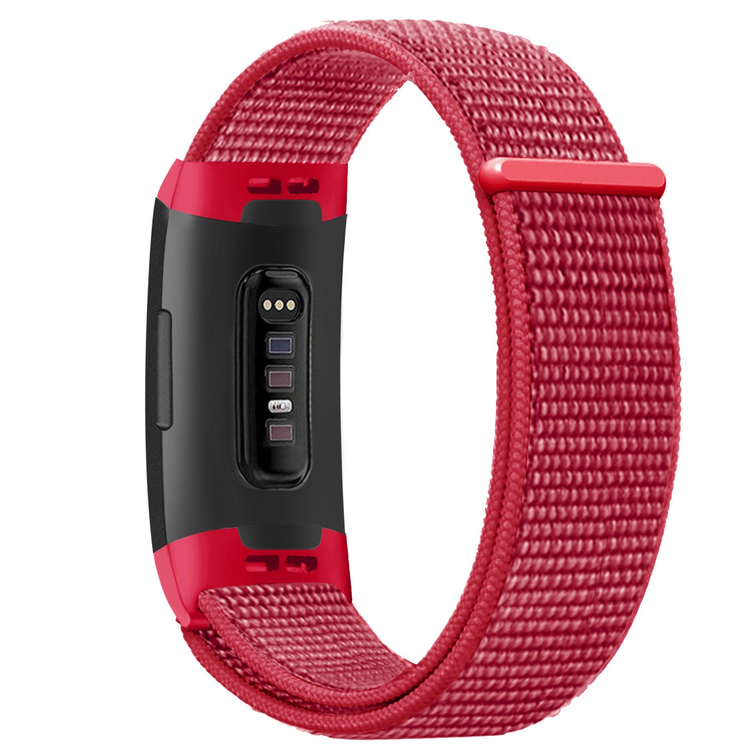 Ein rotes und schwarzes Fitness-Tracker-Armband. Das Armband besteht aus einem gewebten roten Stoff. Der Tracker hat ein schwarzes Gesicht und rote Akzente.
