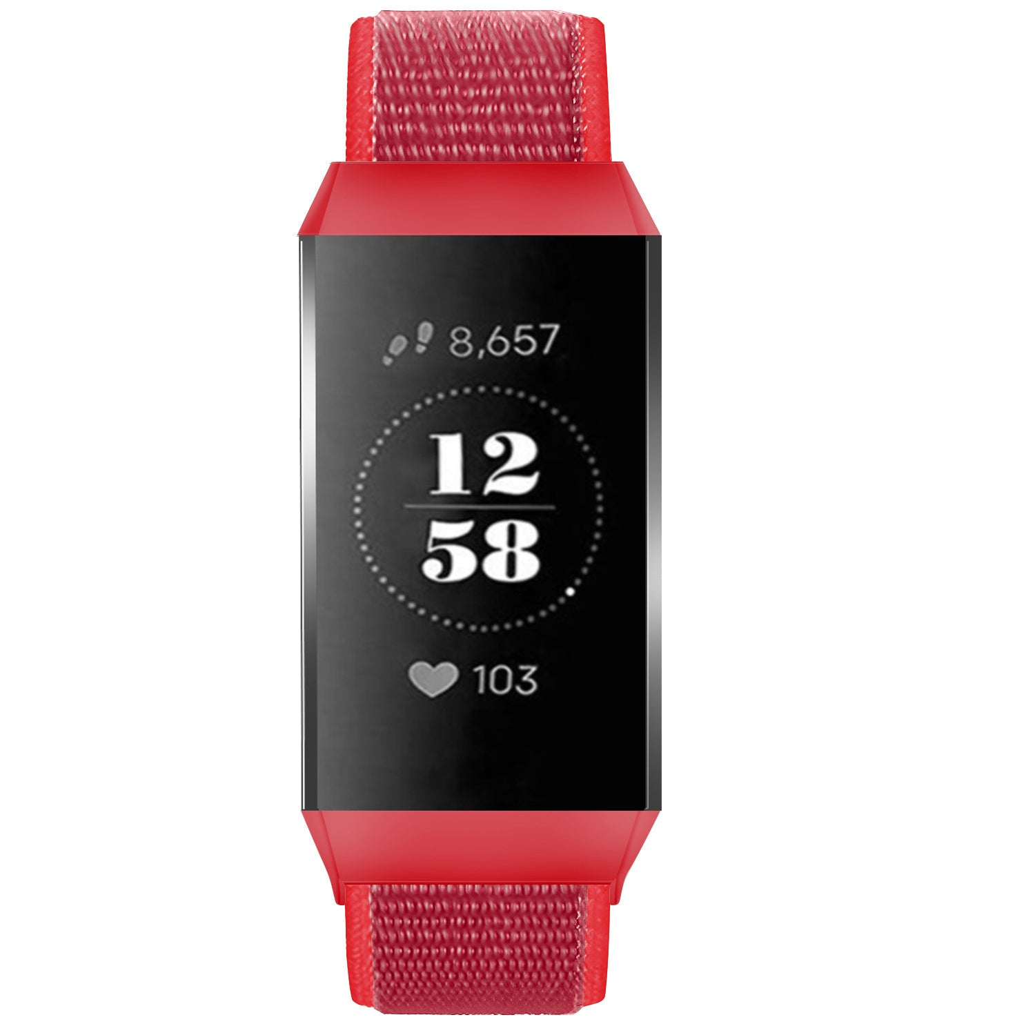 Roter Fitnesstracker mit schwarzem Bildschirm, der Schritte, Zeit und Herzfrequenz anzeigt. Rotes Armband sichtbar.
