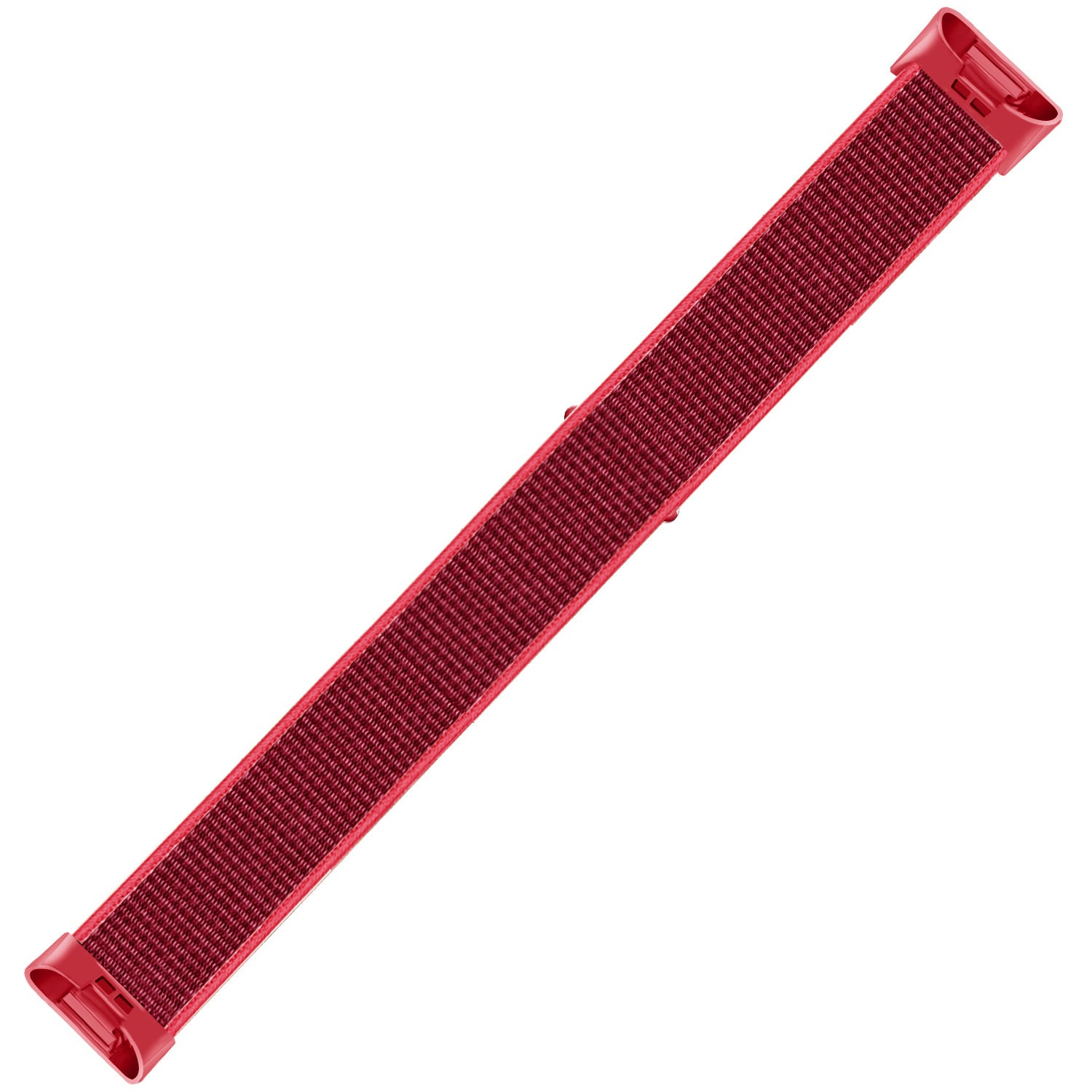 Ein rotes Uhrenarmband liegt diagonal. Es hat eine strukturierte Oberfläche mit roten Kunststoffenden. Der Hintergrund ist weiß.