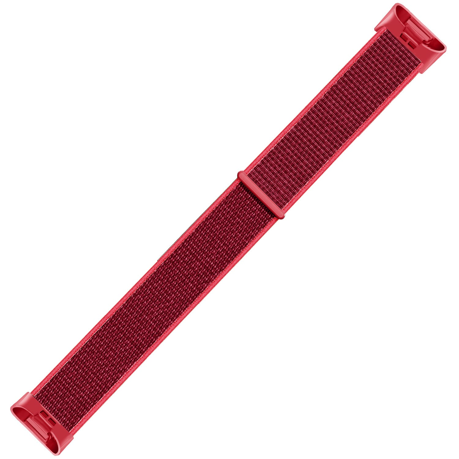 Ein rotes Uhrenarmband diagonal im Bild. Es hat eine gewebte Textur und Kunststoffenden. Der Hintergrund ist weiß.