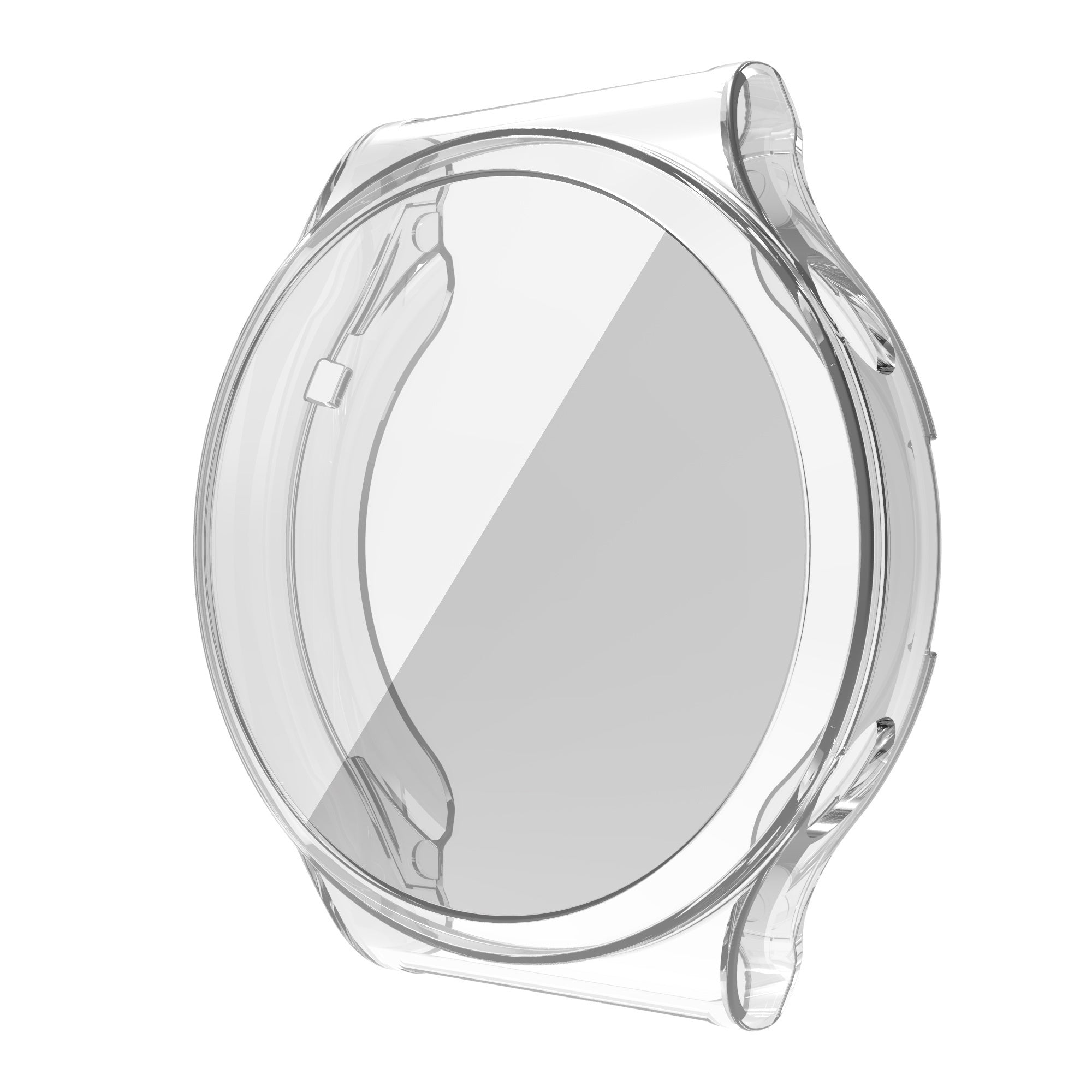 Transparente Uhrengehäuseabdeckung. Sie hat eine runde Form und schützt die Uhr. Der Hintergrund ist weiß.
