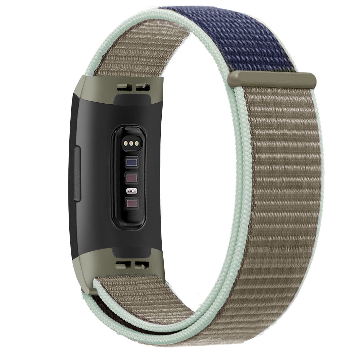 Ein Smartwatch-Armband mit schwarzem Display und olivgrüner Zierleiste. Das Band ist grau und blau mit hellgrünem Rand.