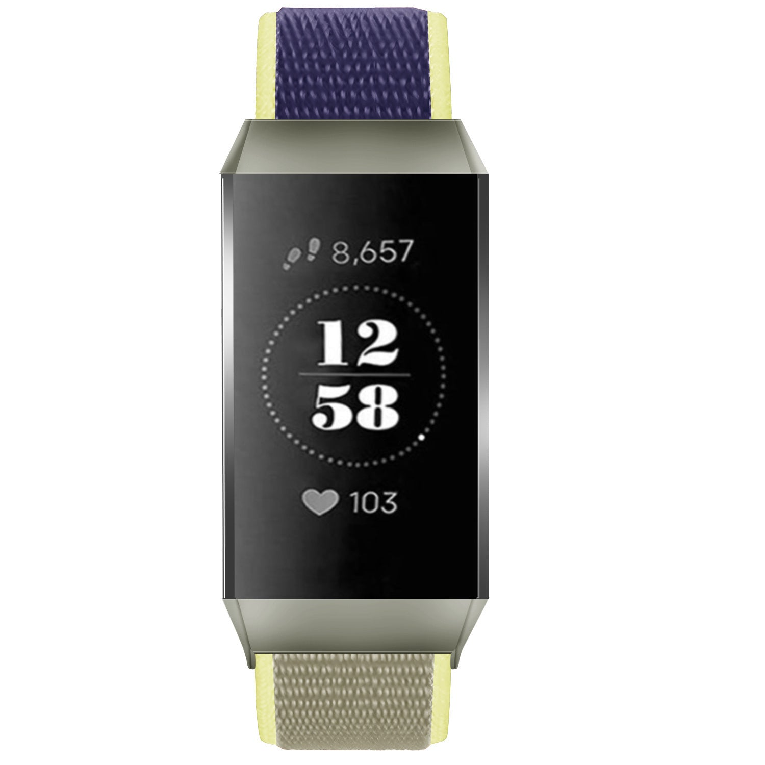 Ein Fitnesstracker mit schwarzem Bildschirm, der Zeit, Schritte und Herzfrequenz anzeigt. Er hat ein lila Band und gelbe Akzente.
