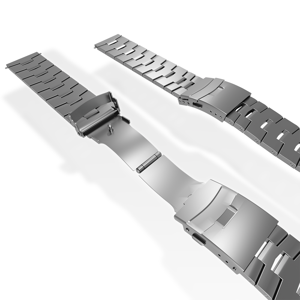Zwei Edelstahl-Armbänder werden gezeigt. Eines ist teilweise geöffnet und zeigt den Verschlussmechanismus. Weißer Hintergrund.