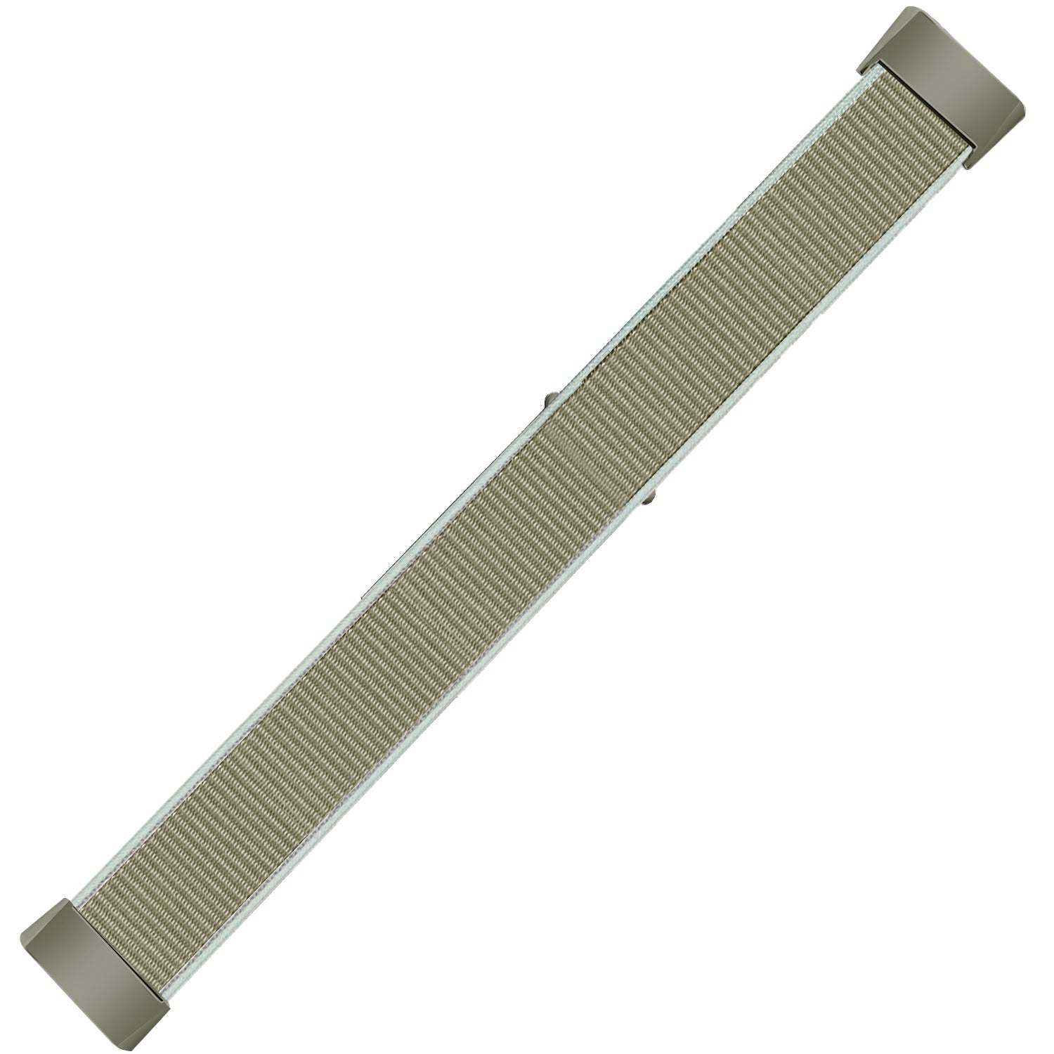 Ein diagonal verlaufendes Uhrenarmband. Es hat eine beige gewebte Mitte, weiße Ränder und graue Metallverschlüsse an jedem Ende.