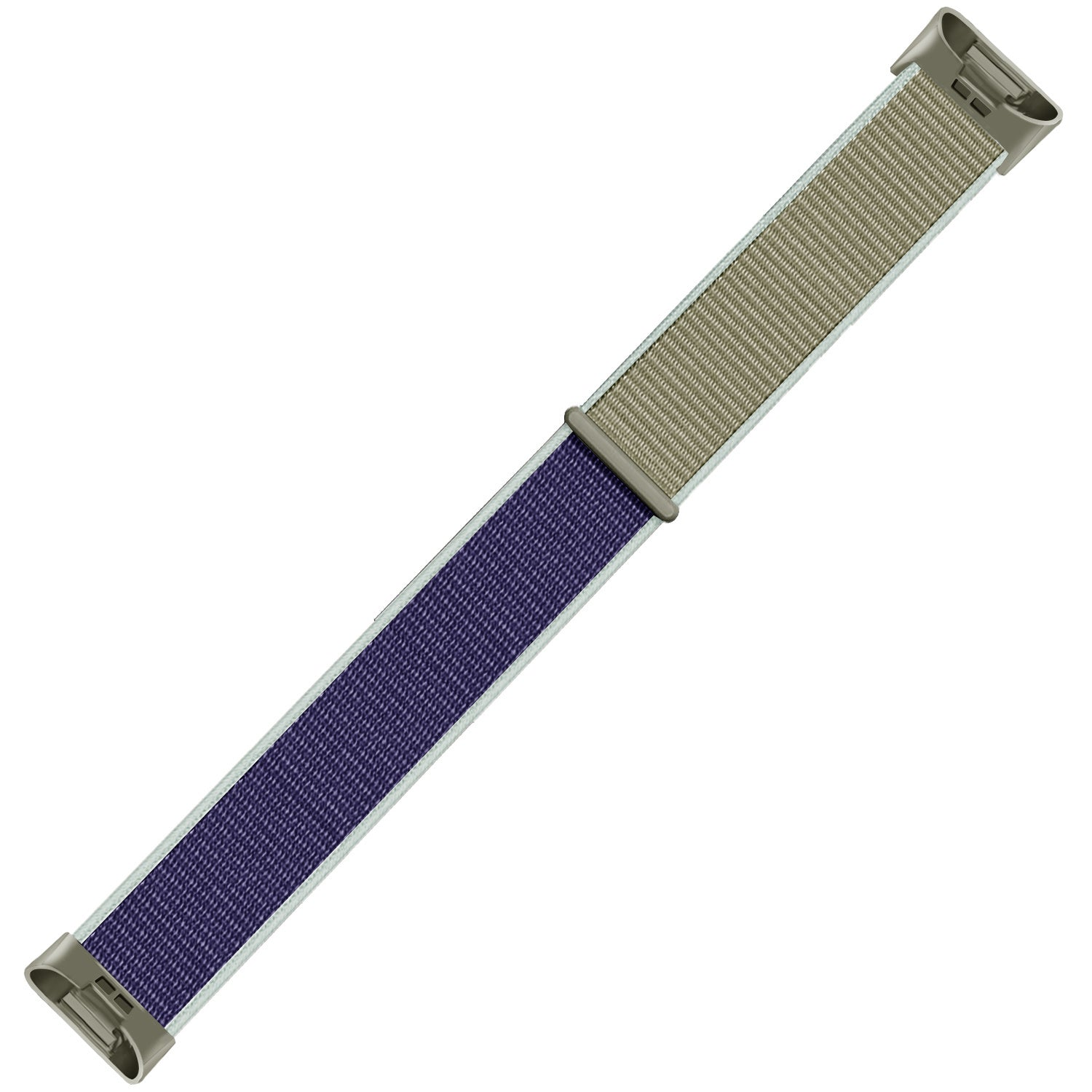 Armband. Der Mittelteil ist dunkelblau. Die Ränder sind hellgrau. Der andere Teil ist beige. Die Enden sind grau.