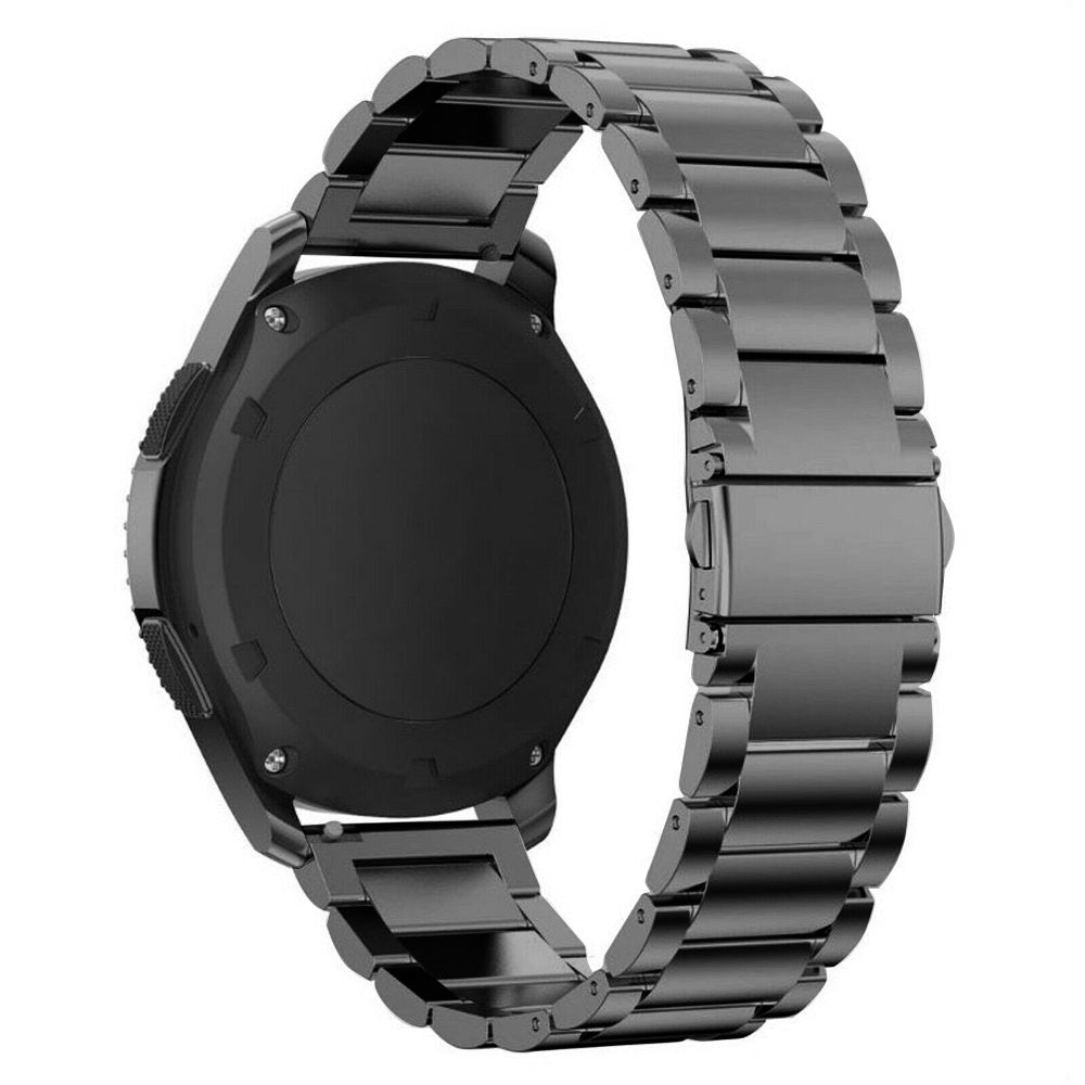 Eine schwarze Smartwatch mit Metallband wird gezeigt. Die Uhr ist abgewinkelt und zeigt das Zifferblatt und einen Teil des Bandes.