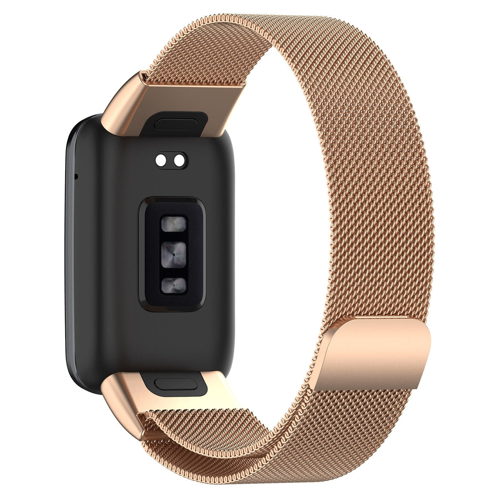 Schwarze Smartwatch mit roségoldenem Metallarmband. Das Armband ist herumgeschlungen. Die Rückseite der Uhr hat Sensoren und Ladekontakte.