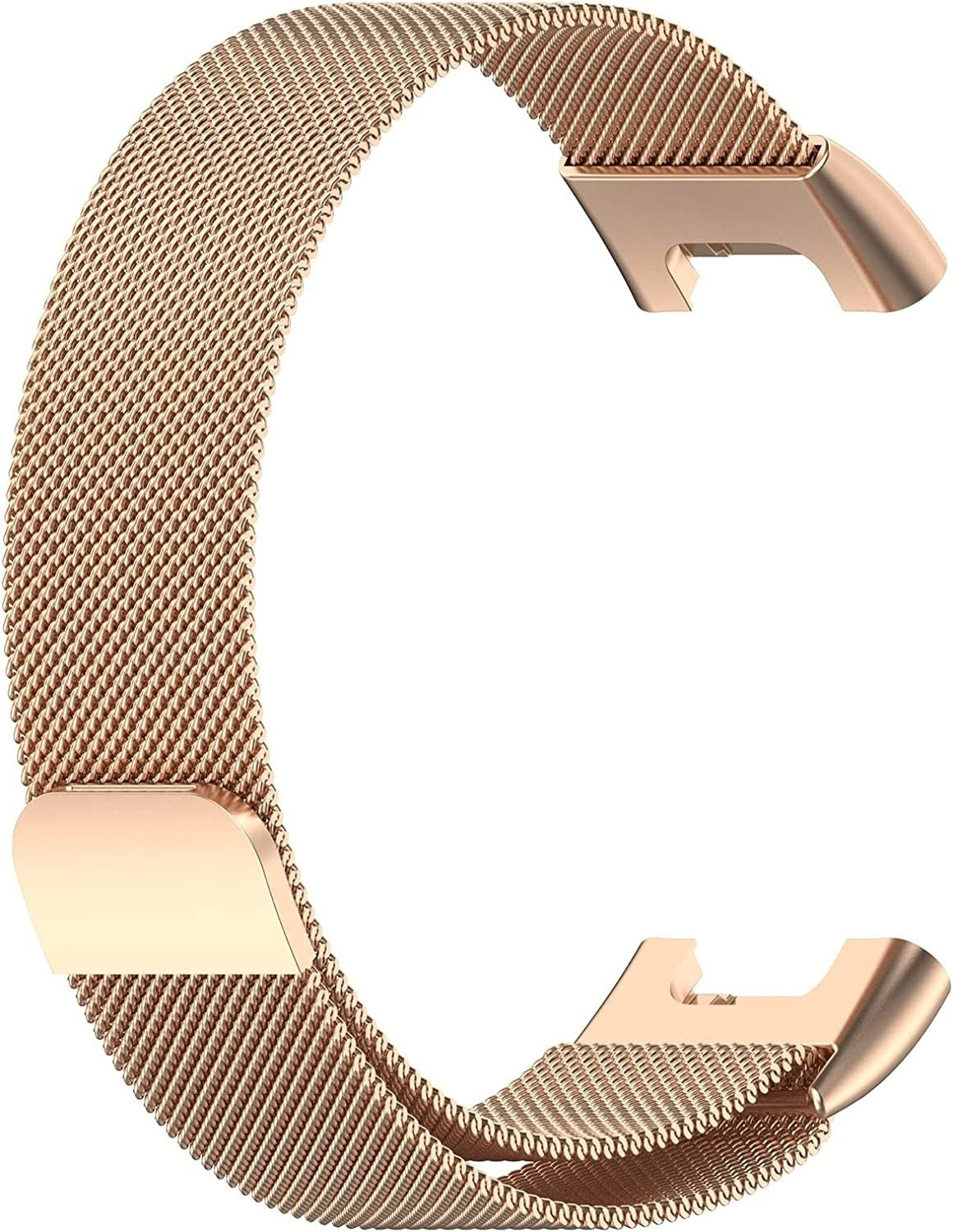 Ein roségoldenes Uhrenarmband liegt vor einem weißen Hintergrund. Das Armband ist aus Metallgeflecht und hat eine C-Form. Es hat zwei rechteckige Verschlüsse.