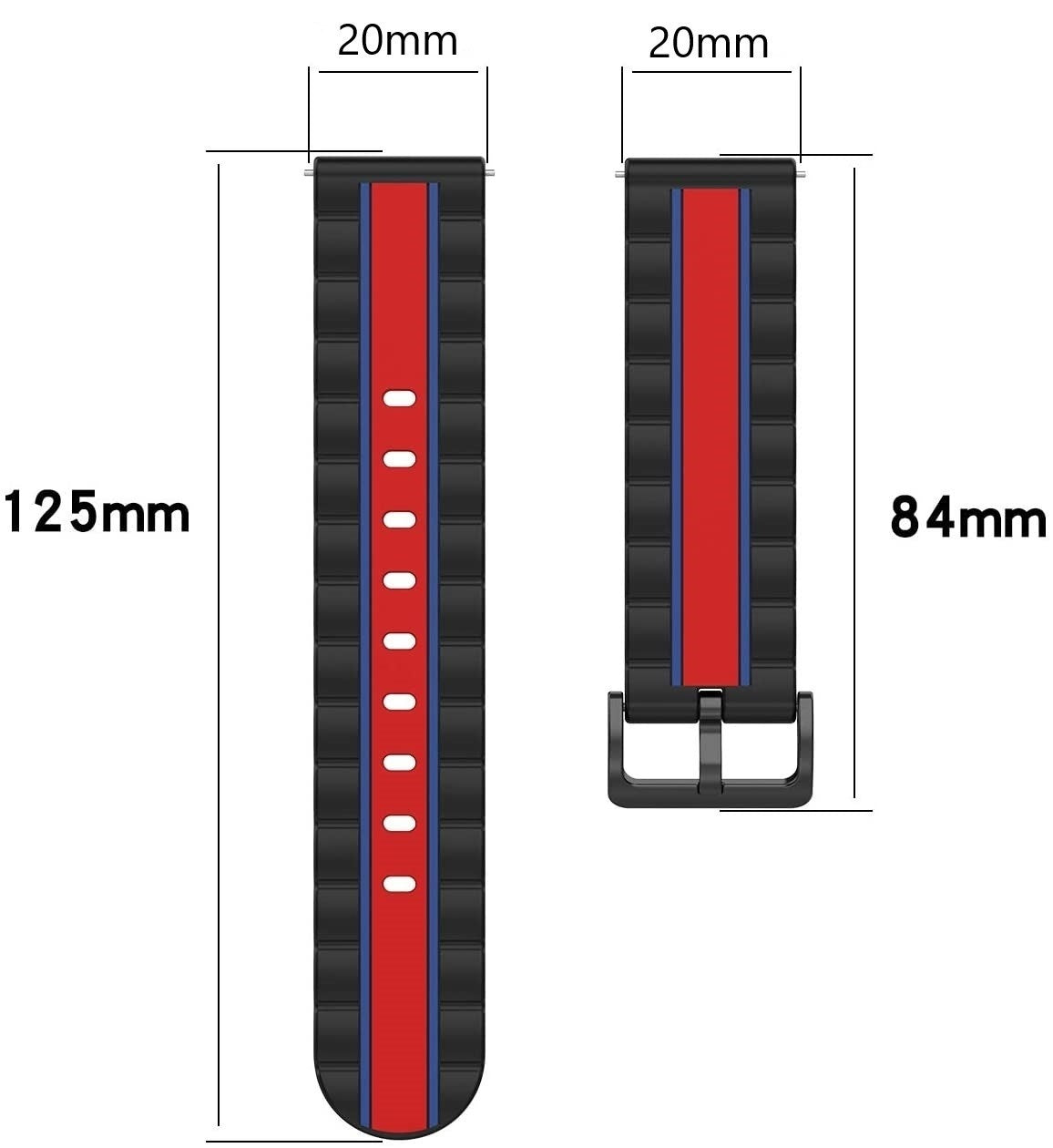Armband mit roten, blauen und schwarzen Streifen. Maße: 125 mm Länge, 84 mm Länge und 20 mm Breite.