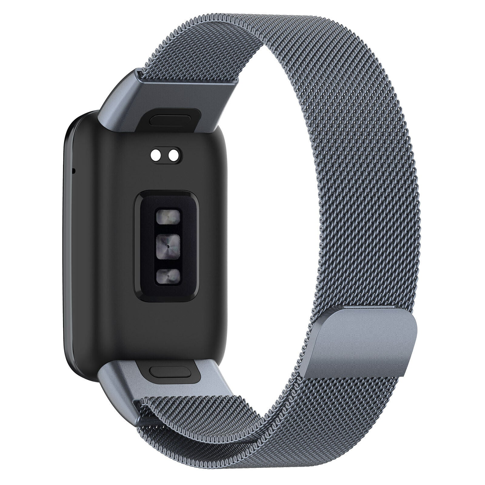 Eine schwarze Smartwatch mit einem Metallmaschenband. Das Band ist grau. Die Rückseite der Uhr hat Sensoren und zwei weiße Punkte.