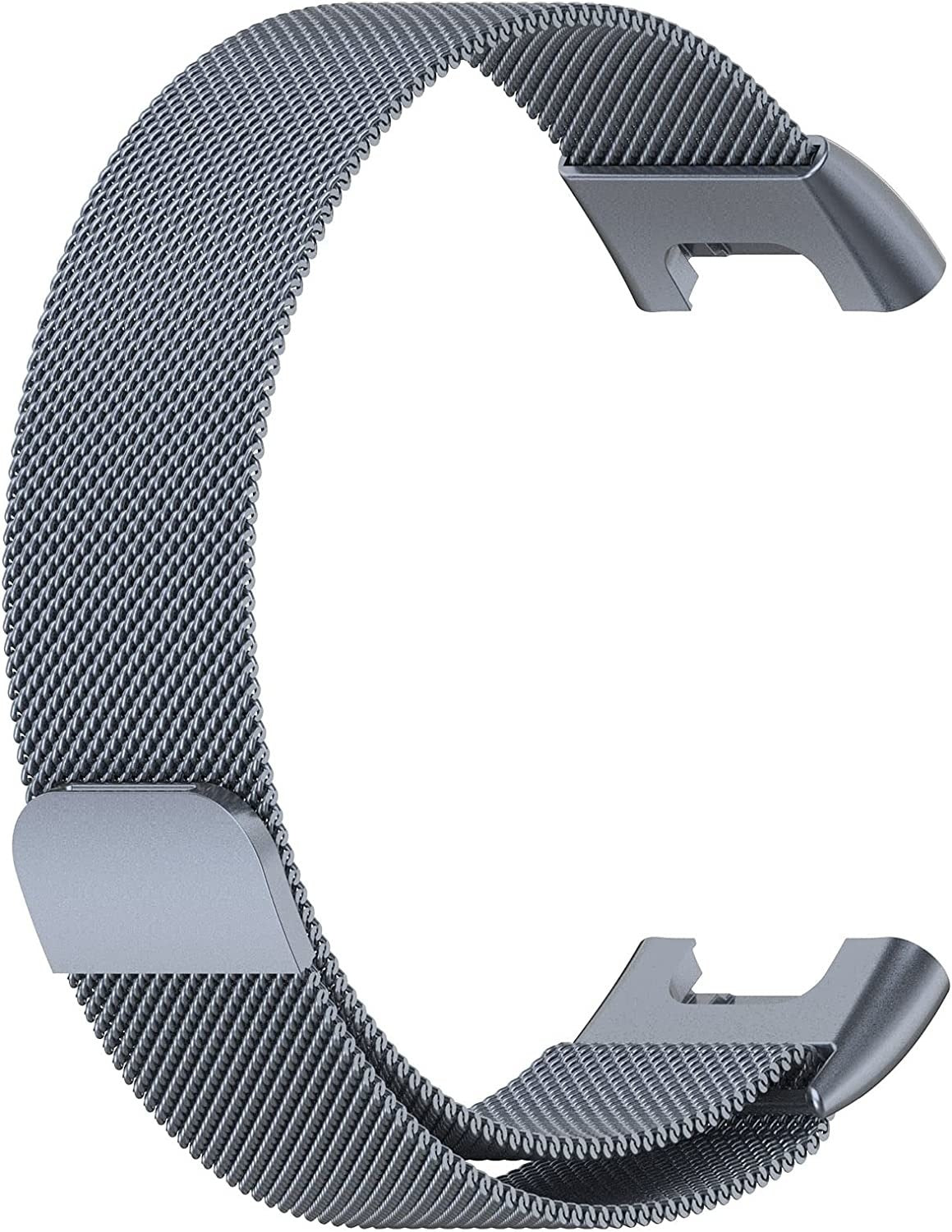 Ein graues Armband im Mesh-Stil. Es hat einen Magnetverschluss und einen festen Metallverbinder an beiden Enden.