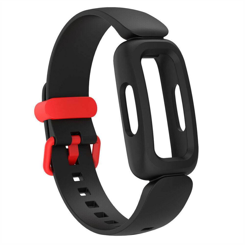 Schwarzes und rotes Fitness-Tracker-Armband. Das Armband ist schwarz mit einem roten Verschluss. Der Tracker-Rahmen ist schwarz mit zwei vertikalen Schlitzen.