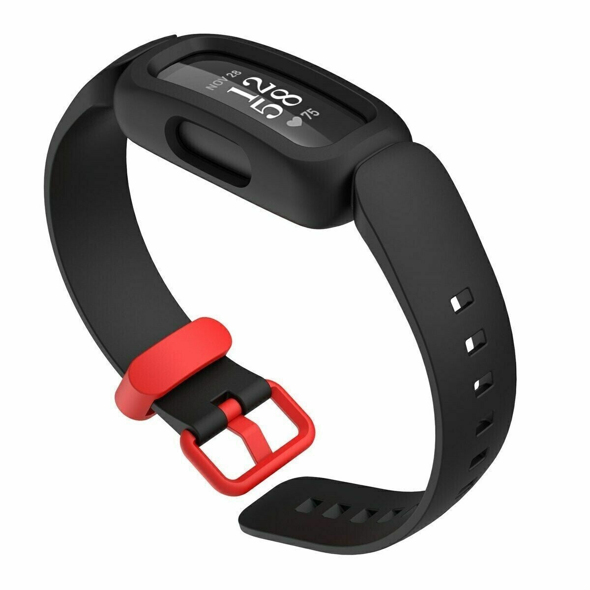 Ein schwarzer Fitness-Tracker mit roter Schnalle. Das Display zeigt Datum und Uhrzeit. Das Armband ist schwarz mit rotem Verschluss.