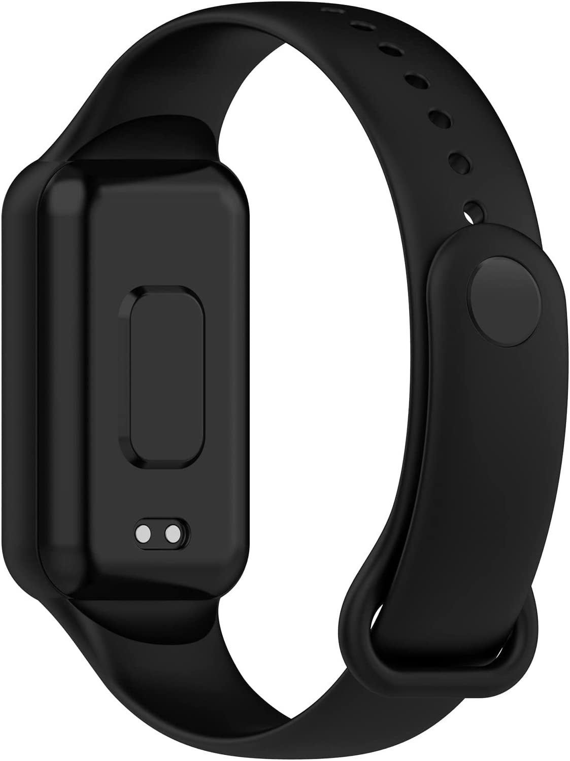 Eine schwarze Smartwatch mit rechteckigem Bildschirm und gebogenem Armband. Das Armband hat Löcher und einen Verschluss.