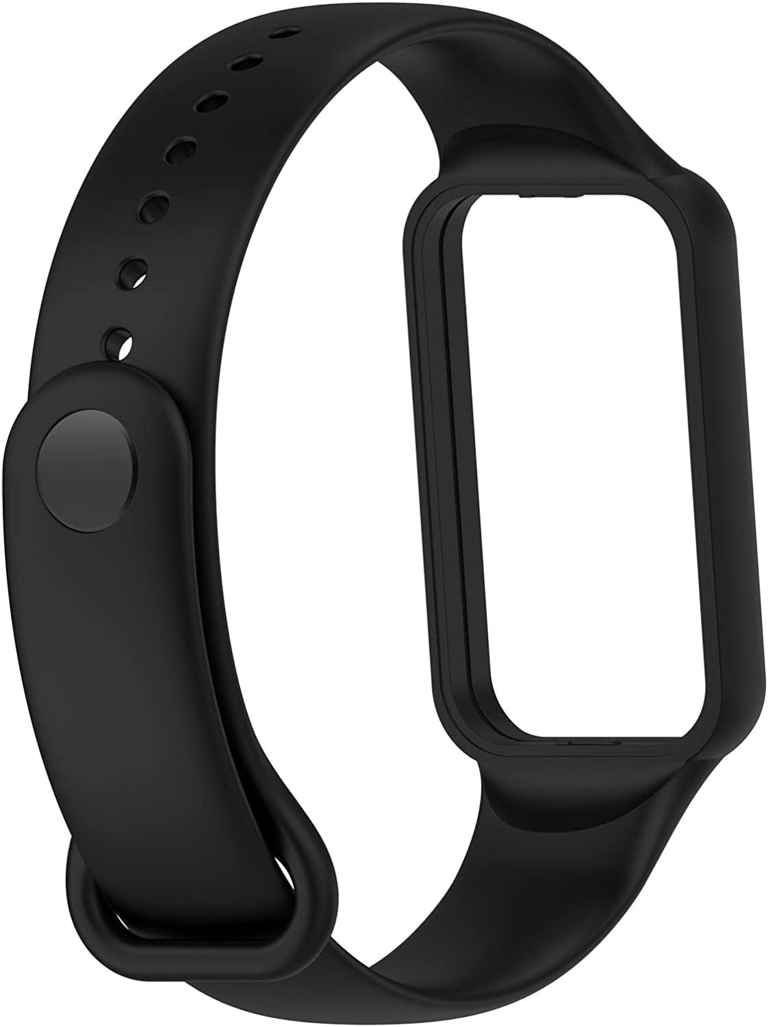 Schwarzes Uhrenarmband mit rechteckiger Öffnung für das Zifferblatt. Enthält Löcher zur Anpassung und einen Verschluss.