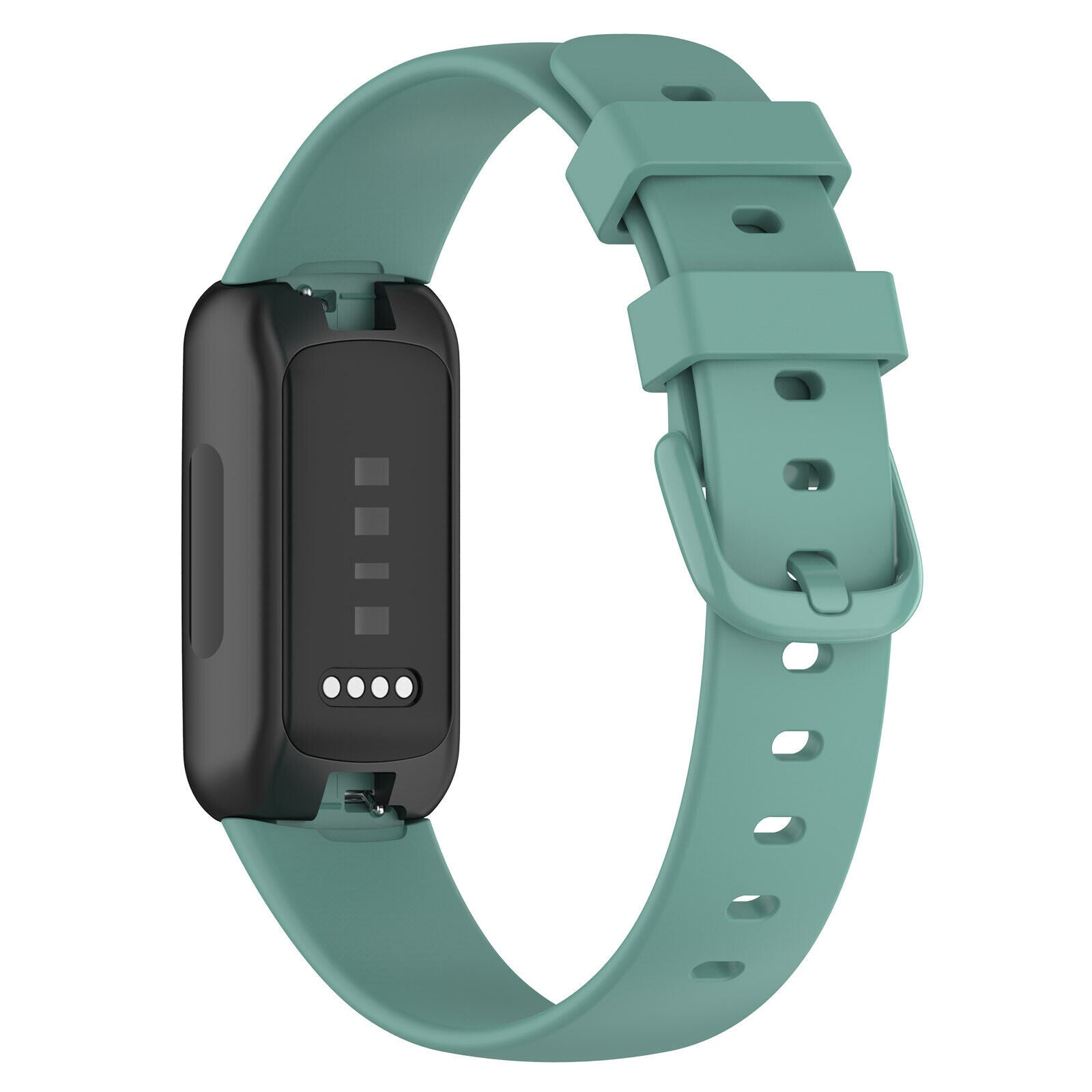 Ein türkisfarbener Fitnesstracker mit einem schwarzen Anzeigemodul und passendem türkisfarbenen Armband. Das Band ist geschnallt, und die Uhr befindet sich auf weißem Hintergrund.