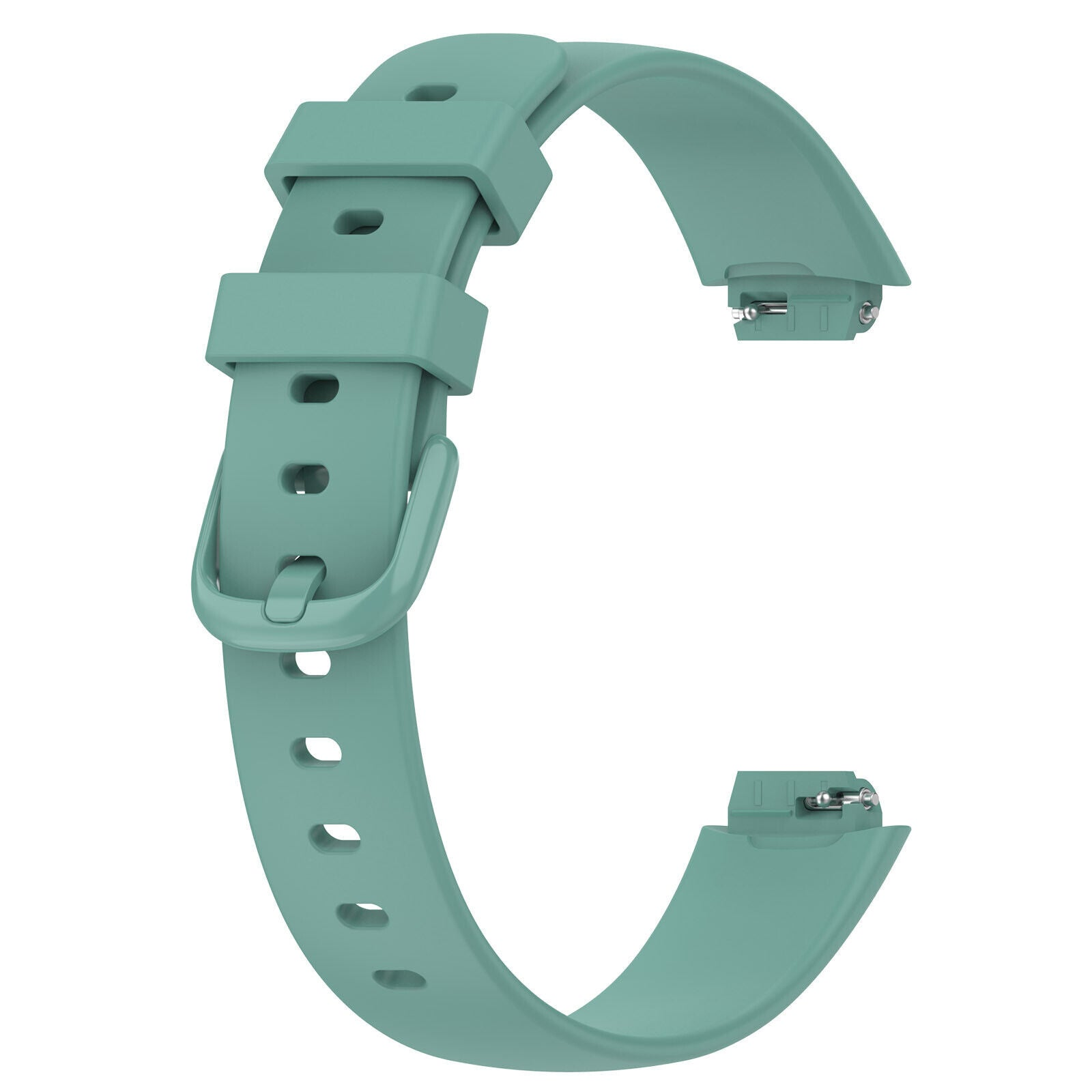 Ein türkisfarbenes Uhrenarmband mit Schnalle und mehreren Löchern ist abgebildet. Das Armband ist gebogen, der Hintergrund ist weiß.