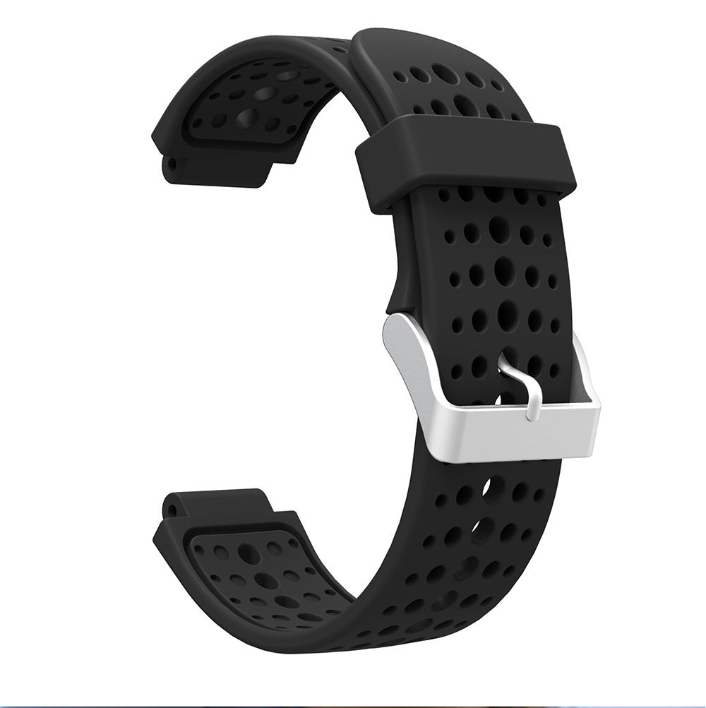 Ein schwarzes Uhrenarmband mit Löchern und einer silbernen Schnalle. Das Armband ist gebogen und zeigt seine Form. Der Hintergrund ist weiß.