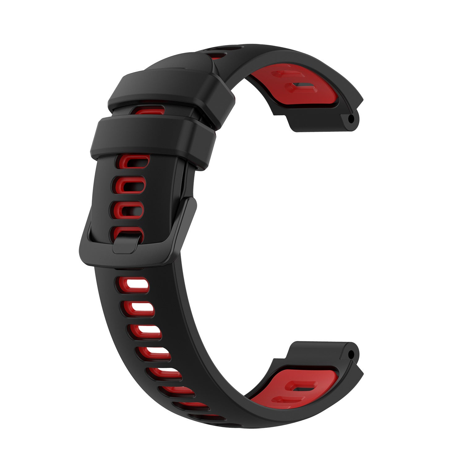 Schwarzes und rotes Armband, gebogene Form. Der Riemen hat rote Akzente in der Mitte und auf der Rückseite.