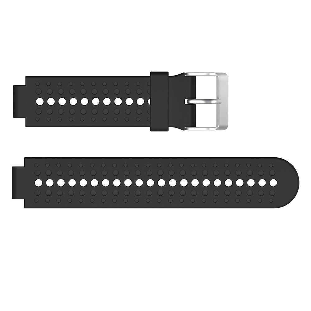 Schwarzes Uhrenarmband mit silberner Schnalle. Perforierte Löcher entlang des Riemens. Weißer Hintergrund.