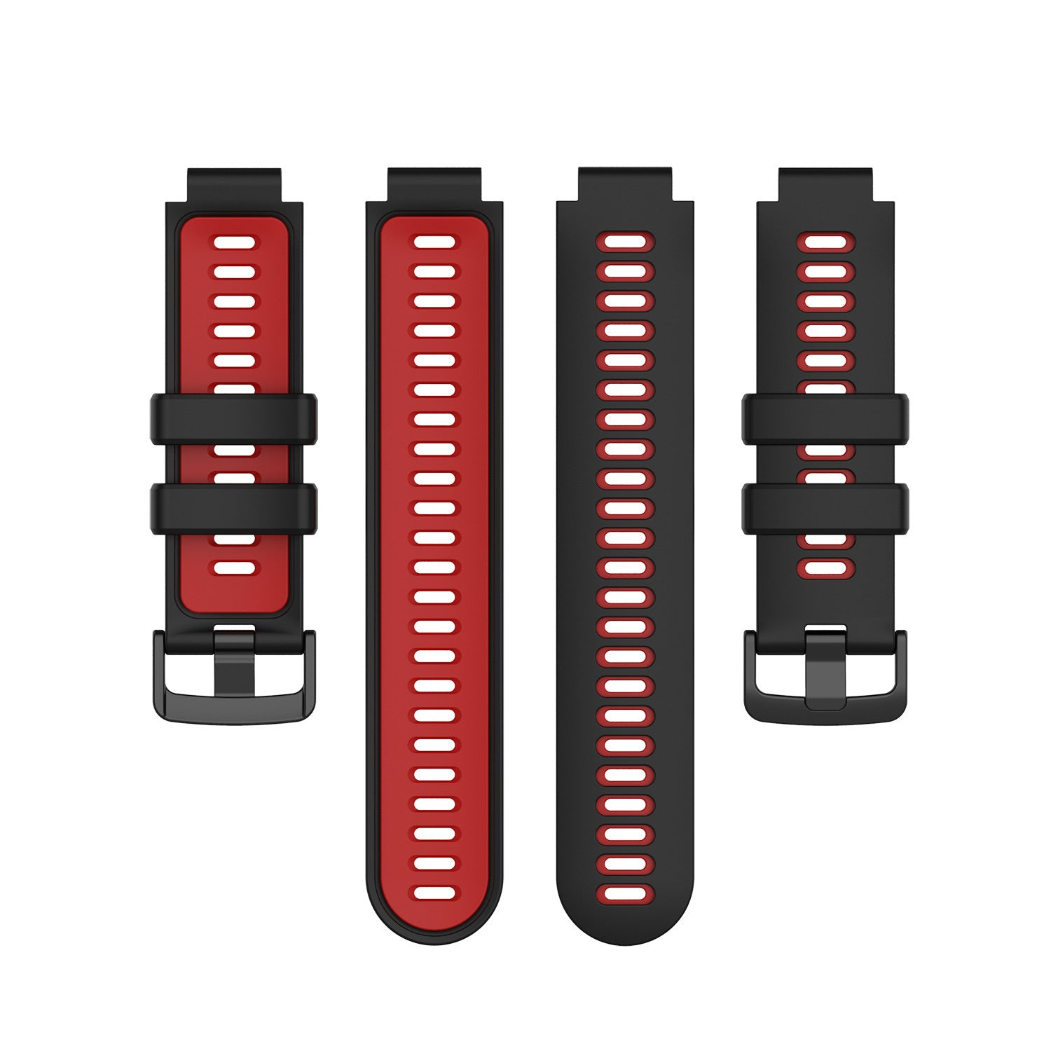 Vier schwarze und rote Uhrenarmbänder. Die Armbänder sind vertikal angeordnet und zeigen Details von Design und Verschlüssen vor weißem Hintergrund.