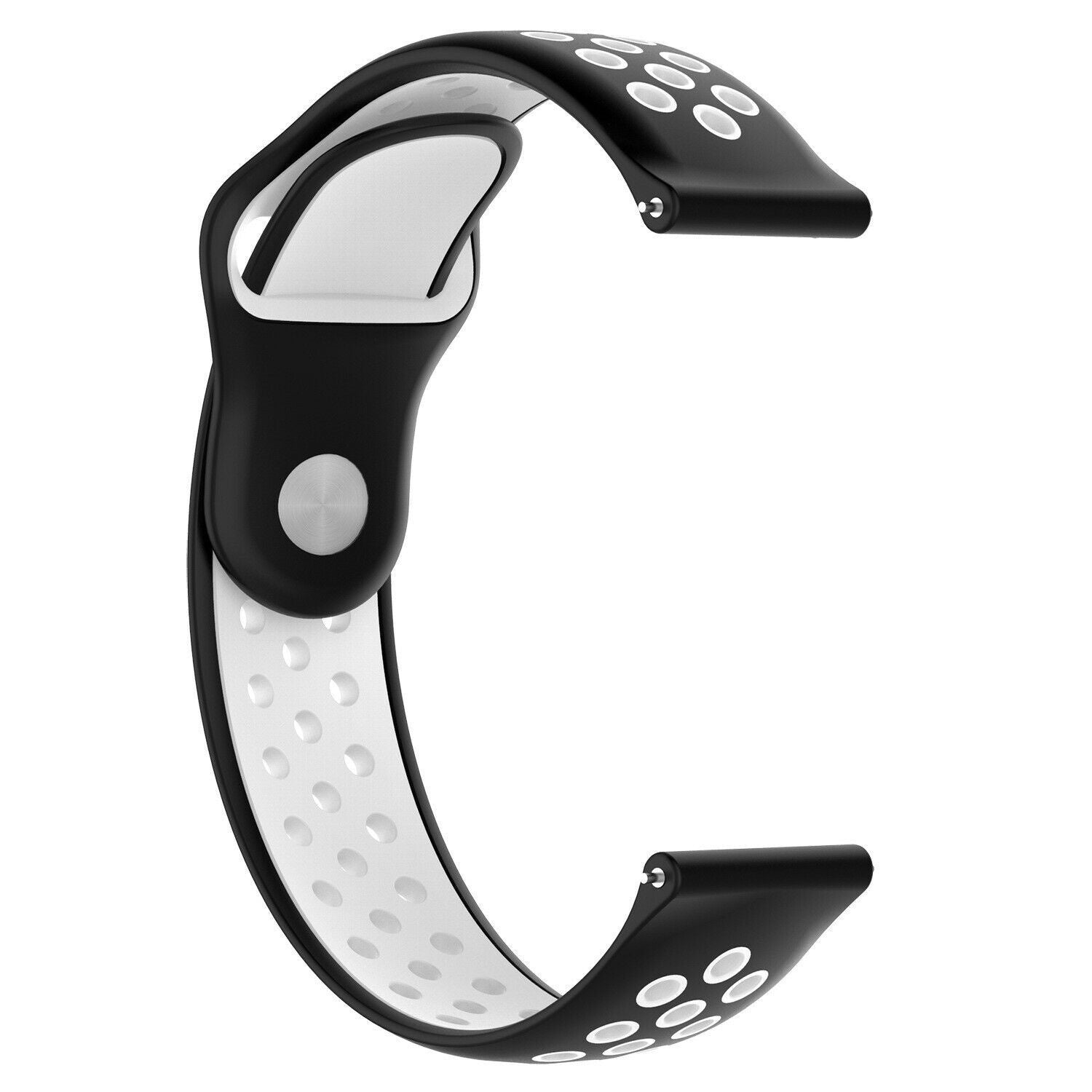 Schwarz-weißes Uhrenarmband. Das Armband ist gebogen und zeigt eine Mischung aus Farben und gepunkteten Mustern. Metallknopf vorhanden.