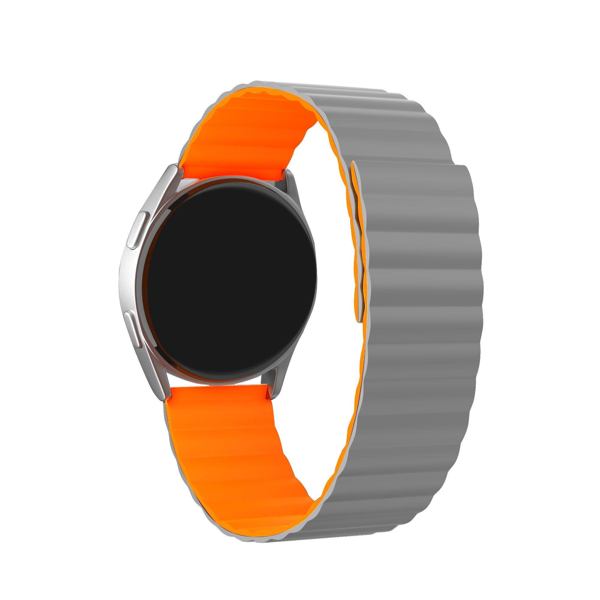 Eine Smartwatch mit schwarzem Bildschirm und orangefarbenem Armband in einem grauen, geriffelten Band.