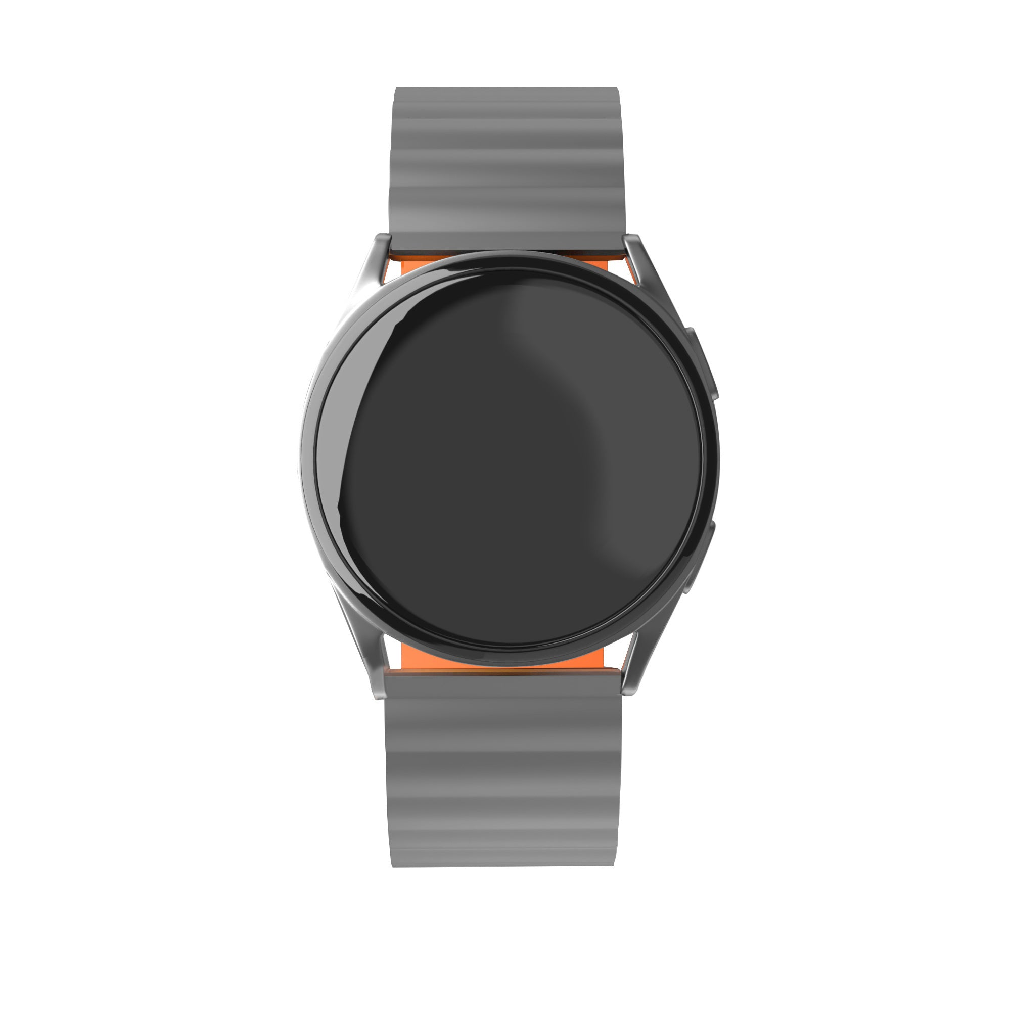 Gezeigt wird eine Smartwatch mit rundem schwarzem Bildschirm, grauen Armbändern und einem orangefarbenen Akzent. Der Hintergrund ist weiß.