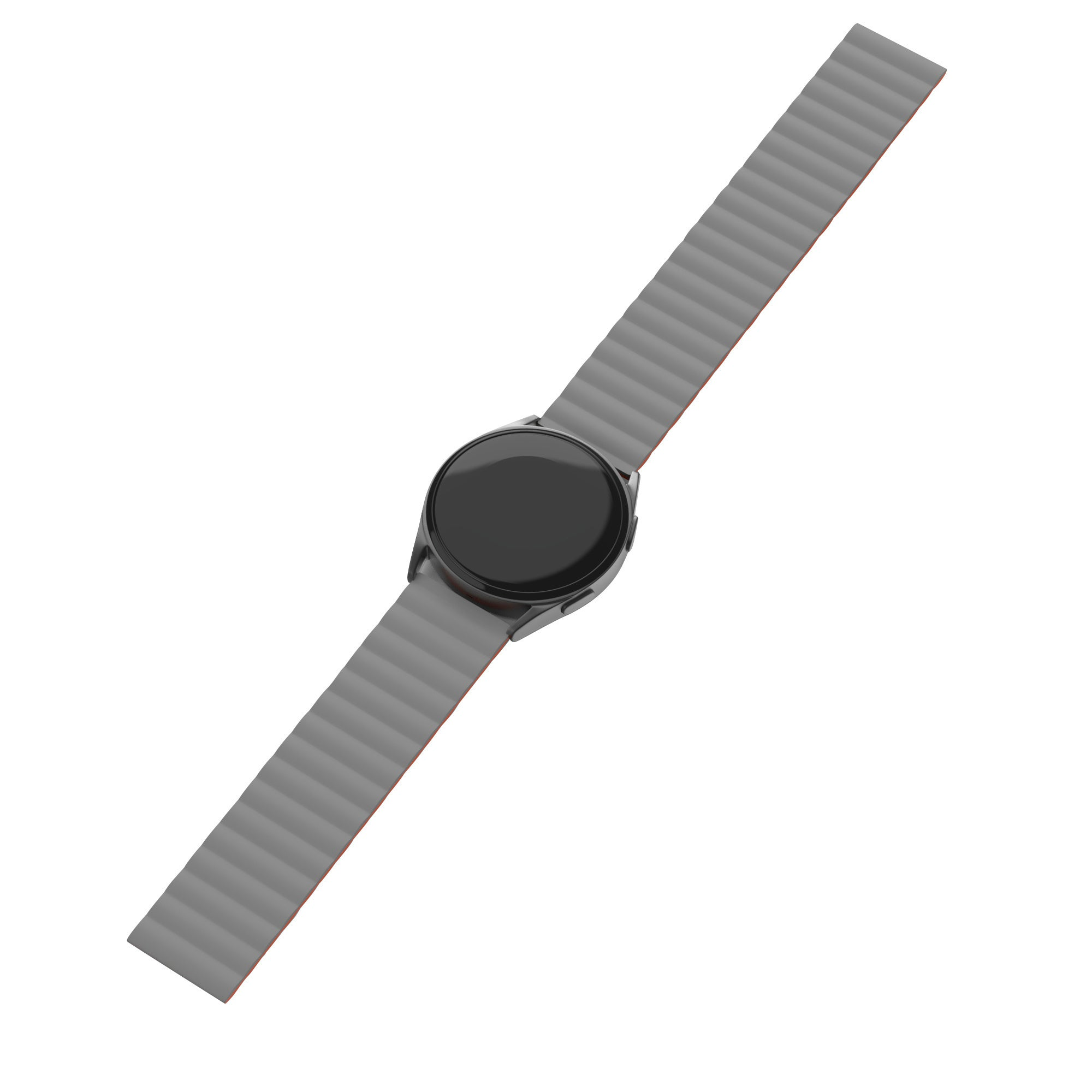 Eine Smartwatch mit schwarzem Bildschirm und grauem Armband. Die Uhr und das Armband befinden sich auf weißem Hintergrund.