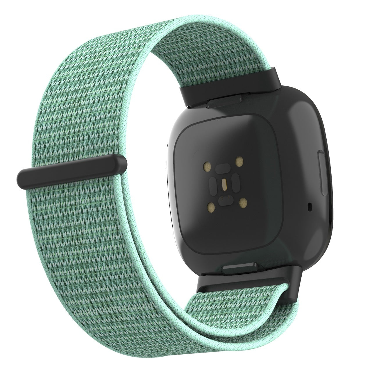 Eine Smartwatch mit grün gewebtem Armband und schwarzem Zifferblatt. Das Armband ist um das Zifferblatt gewickelt. Weißer Hintergrund.