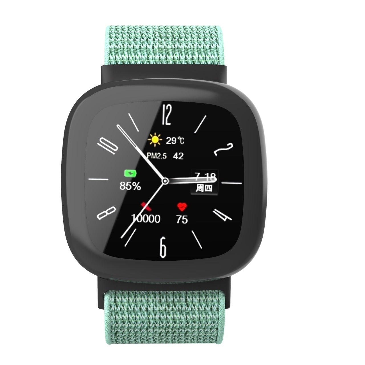 Eine schwarze Smartwatch mit grünem Armband zeigt Zeit, Temperatur und Gesundheitsmetriken an. Das Zifferblatt zeigt die Zeit und den Akku.