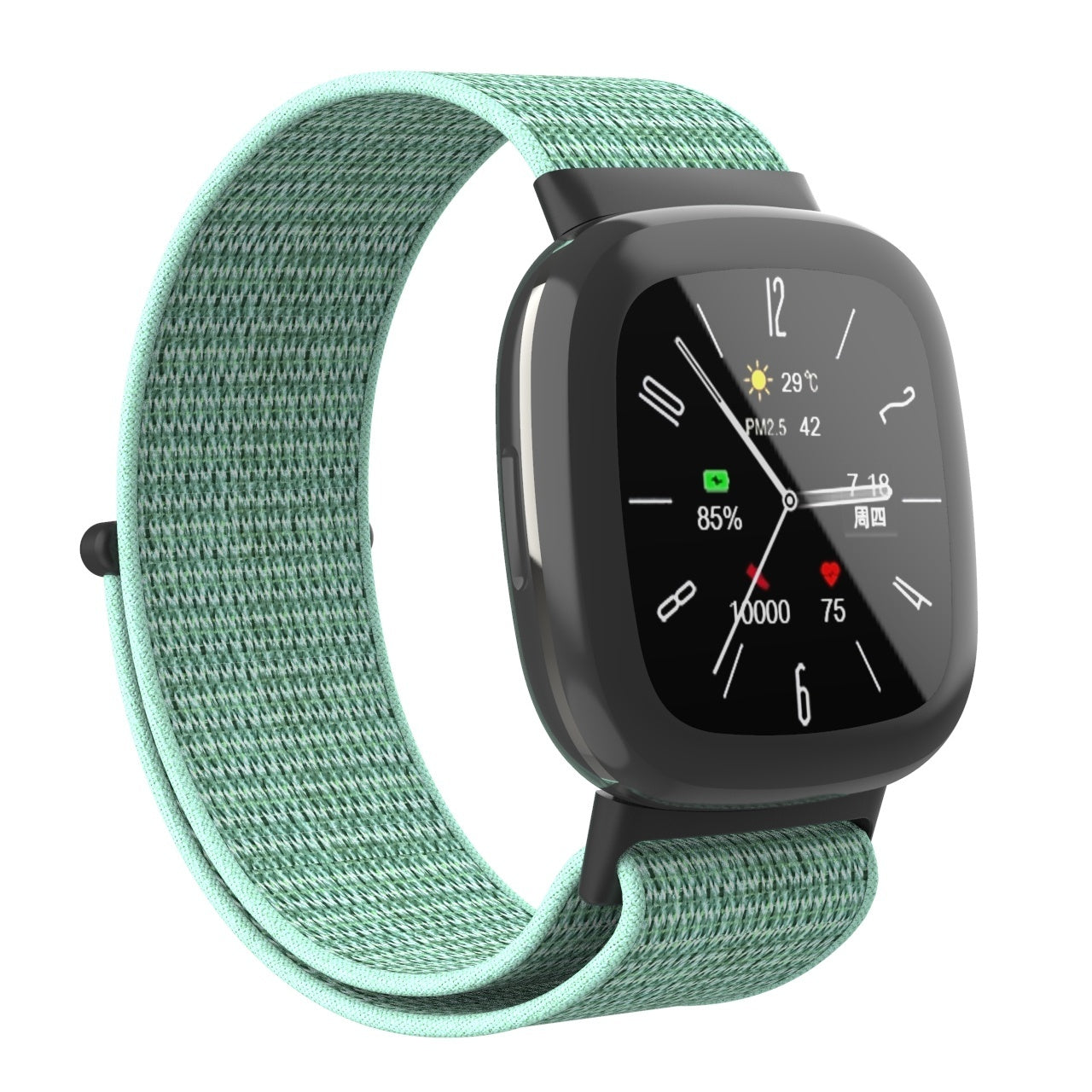 Eine Smartwatch mit grünem Stoffarmband. Das Zifferblatt zeigt Zeit, Temperatur und Gesundheitsdaten wie Schritte und Herzfrequenz.