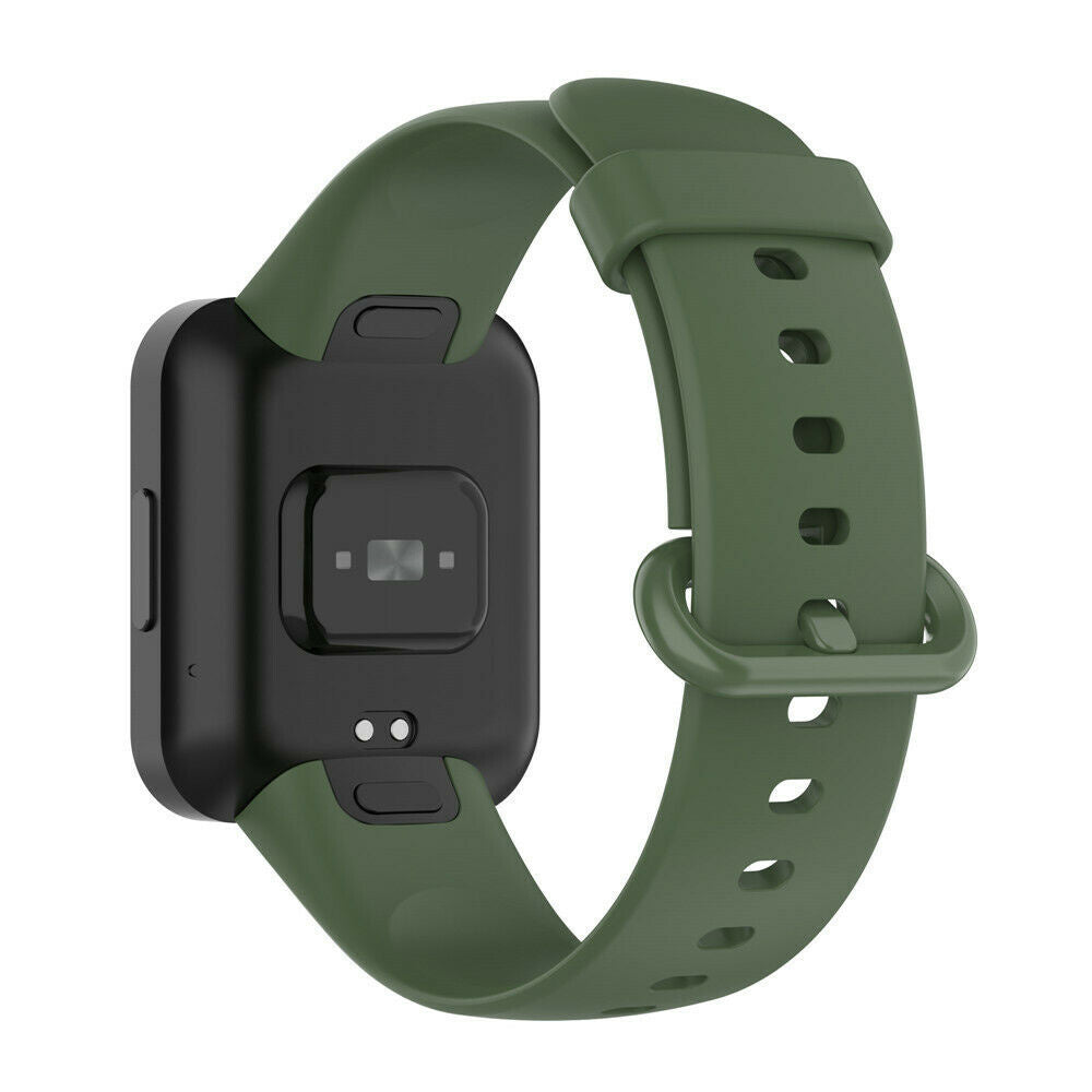 Eine Smartwatch mit dunklem Bildschirm und olivgrünem Armband. Das Armband ist mit dem Zifferblatt verbunden.