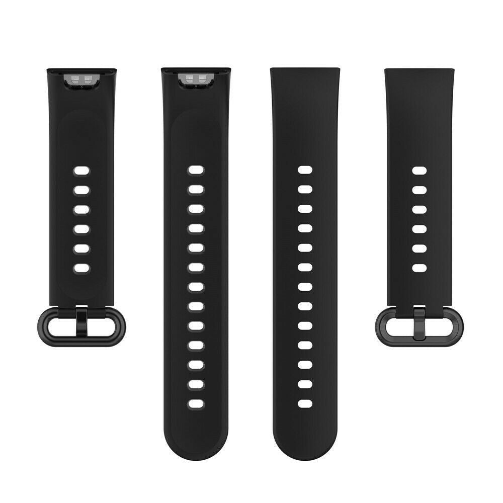 Vier schwarze Uhrenarmbänder mit weißen, gepunkteten Löchern. Zwei Armbänder haben Verschlüsse. Alle haben einen rechteckigen oberen und runden unteren Teil.