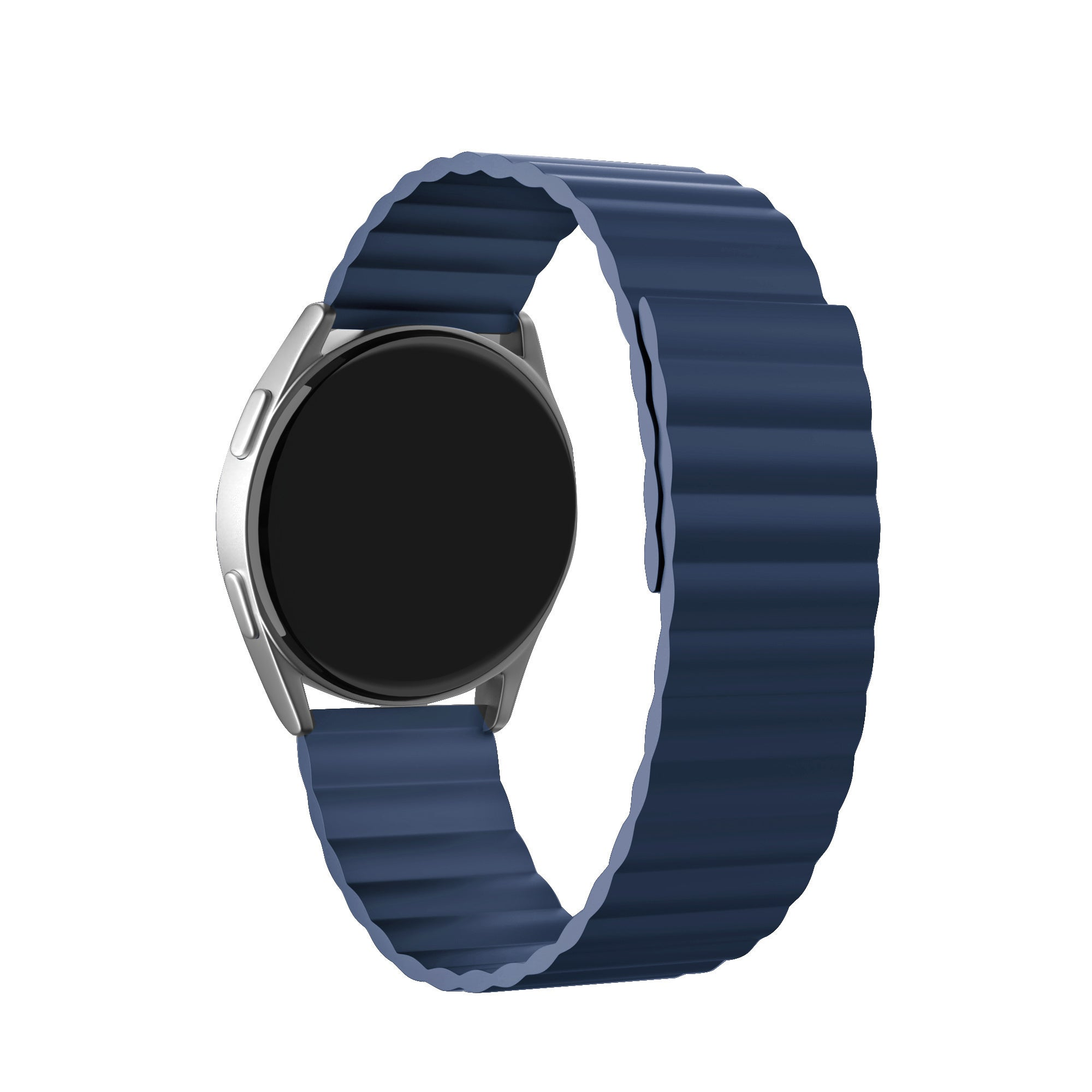 Silberne Smartwatch mit schwarzem Bildschirm und dunkelblauem, geriffeltem Armband. Die Uhr ist vor weißem Hintergrund.