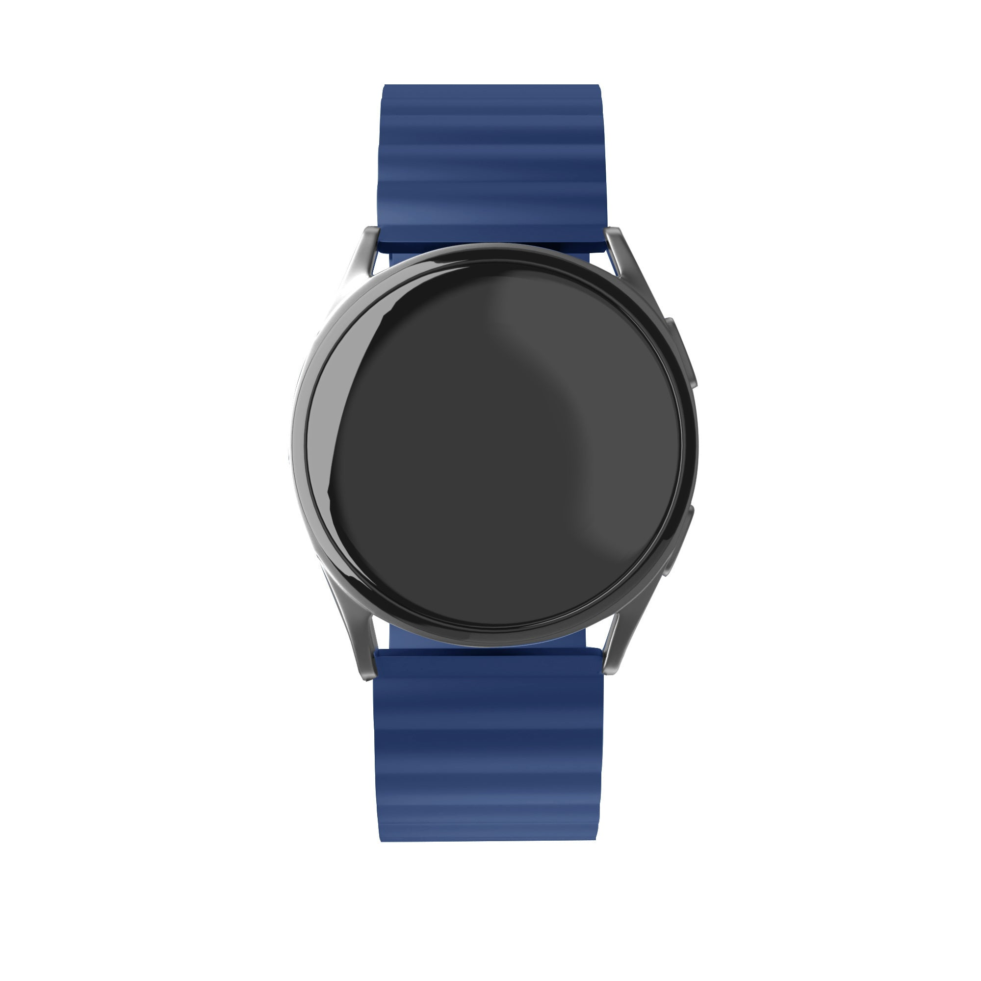 Eine Smartwatch mit schwarzem Bildschirm, silbernem Rahmen und dunkelblauem Armband wird auf weißem Hintergrund angezeigt.