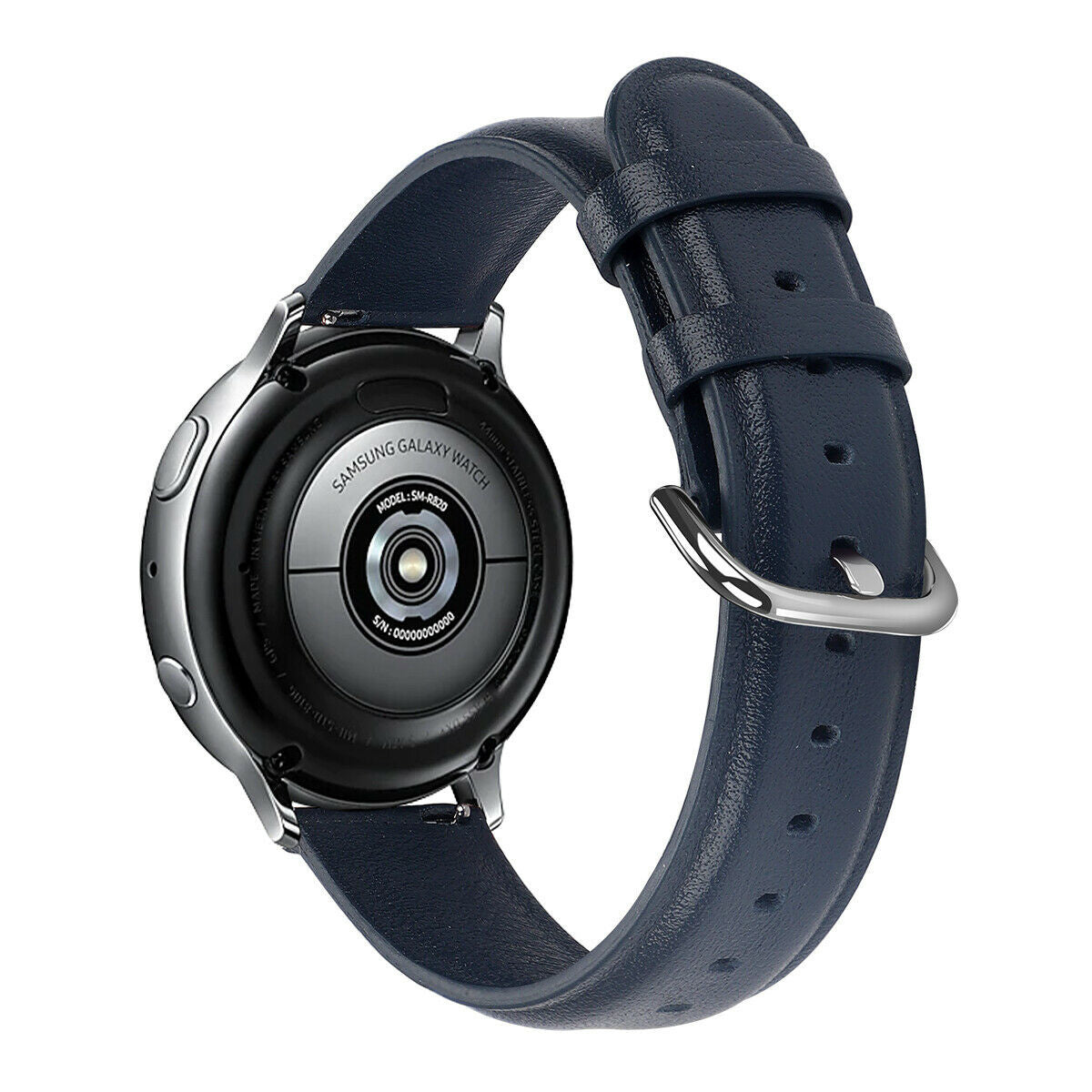 Eine Samsung Galaxy Watch mit dunkelblauem Lederarmband. Die Uhr ist silberfarben mit schwarzer Rückseite. Das Armband hat eine silberne Schnalle.