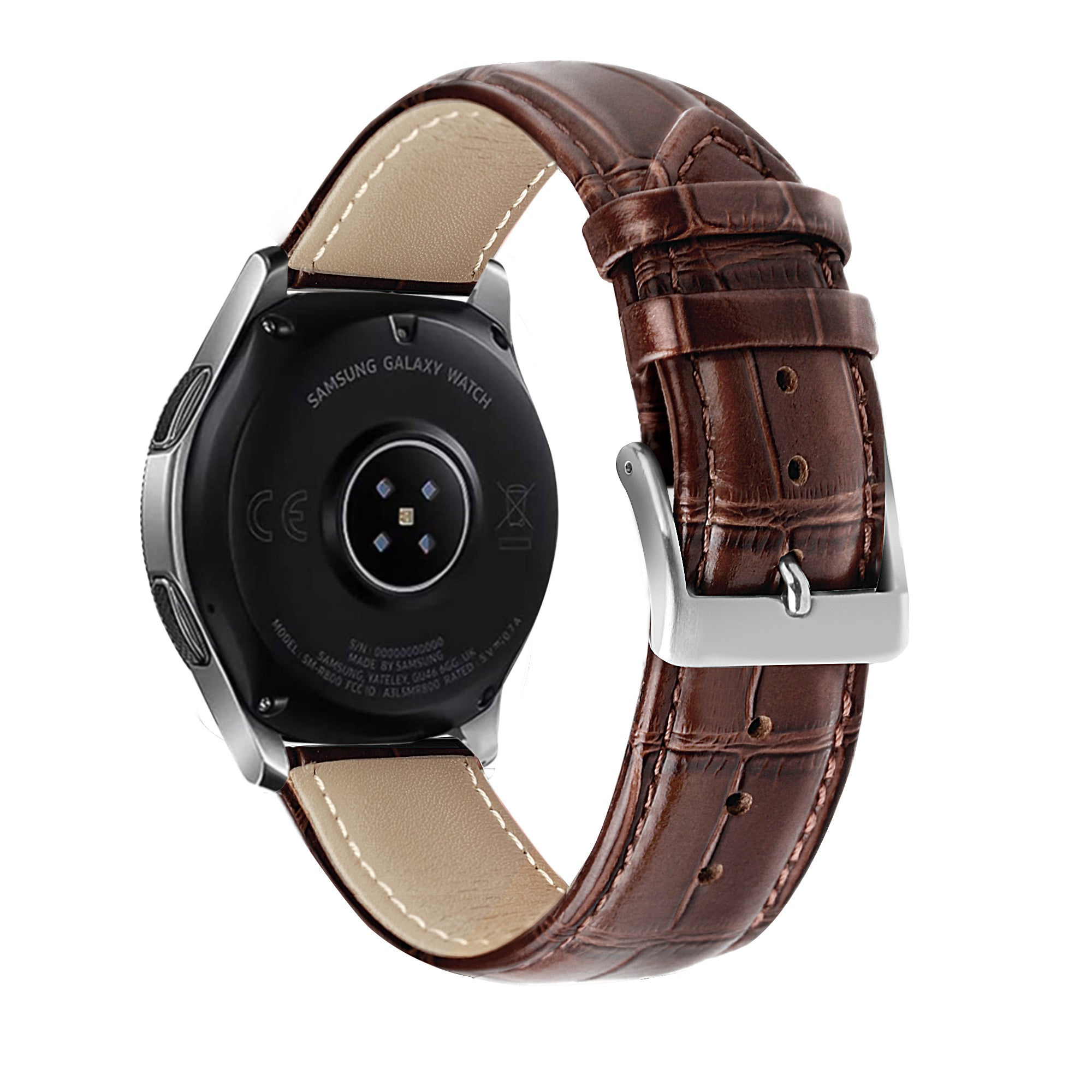 Eine Samsung Galaxy Watch mit braunem Lederarmband. Die Rückseite der Uhr ist schwarz. Das Armband wird mit einer silbernen Schnalle befestigt.