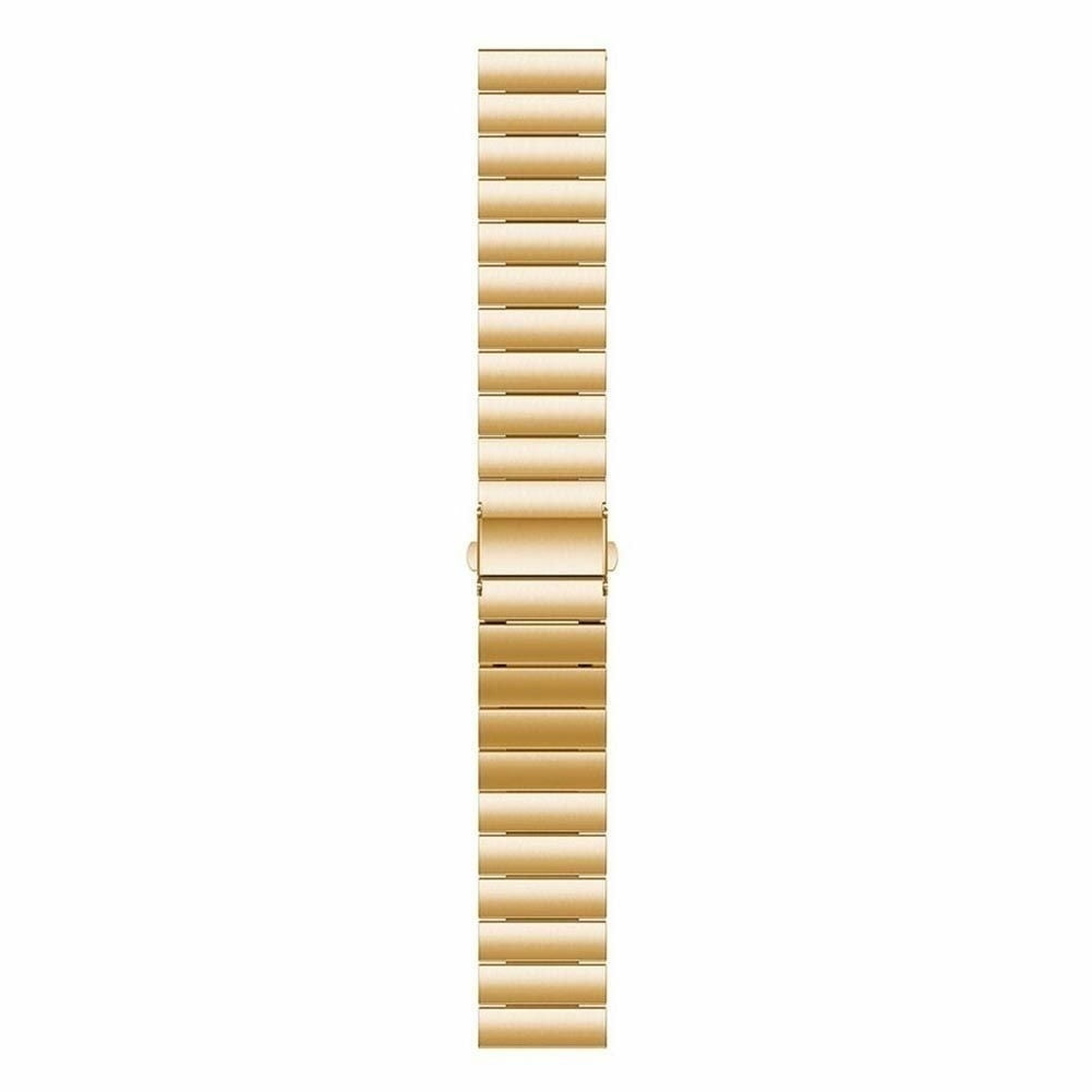 Ein goldenes Uhrenarmband, segmentiert mit rechteckigen Gliedern, liegt vertikal vor einem weißen Hintergrund. Der Verschluss befindet sich in der Mitte.