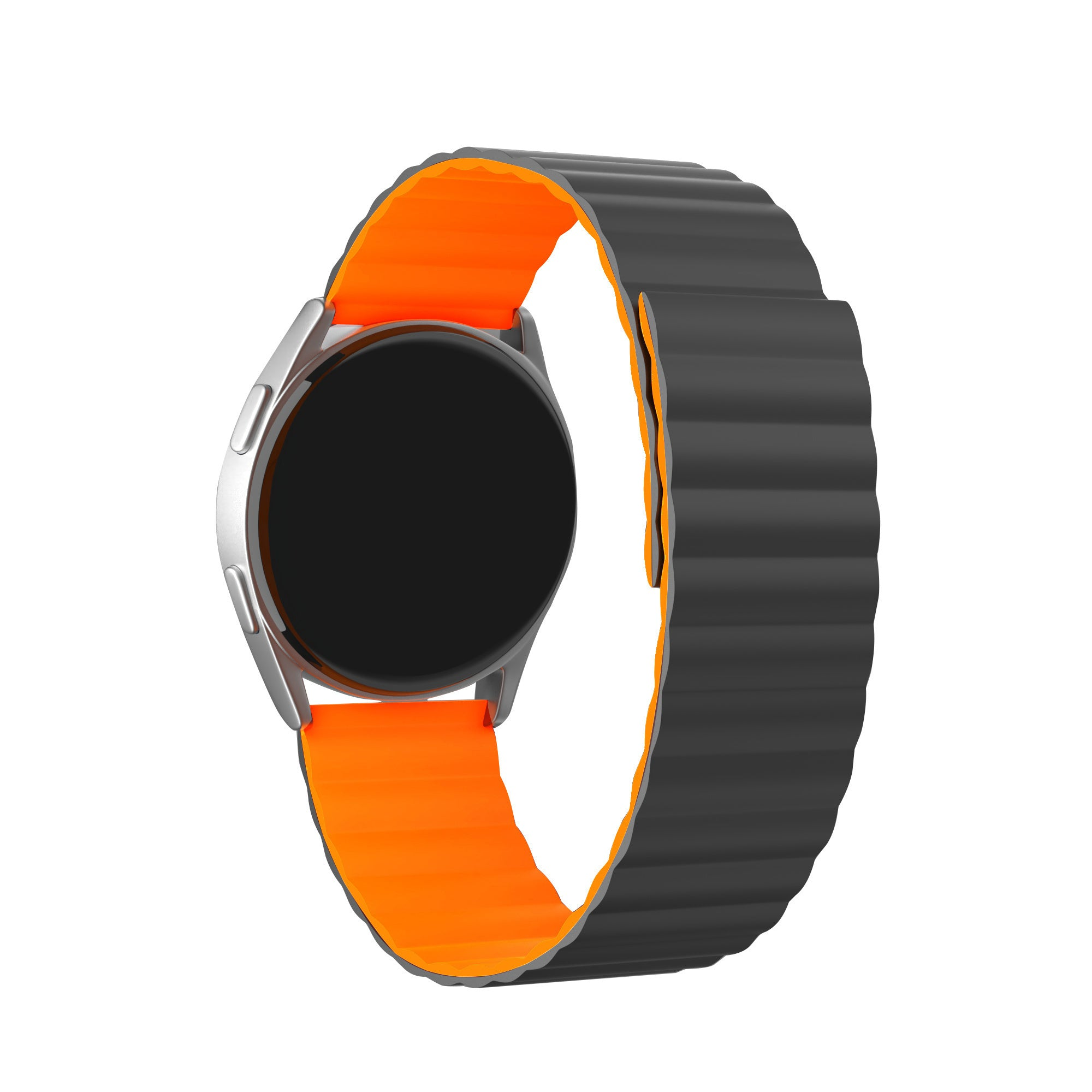 Eine Smartwatch mit schwarzem Bildschirm und silbernem Rahmen. Sie hat ein orangefarbenes Armband und einen schwarzen, geriffelten Verschluss.