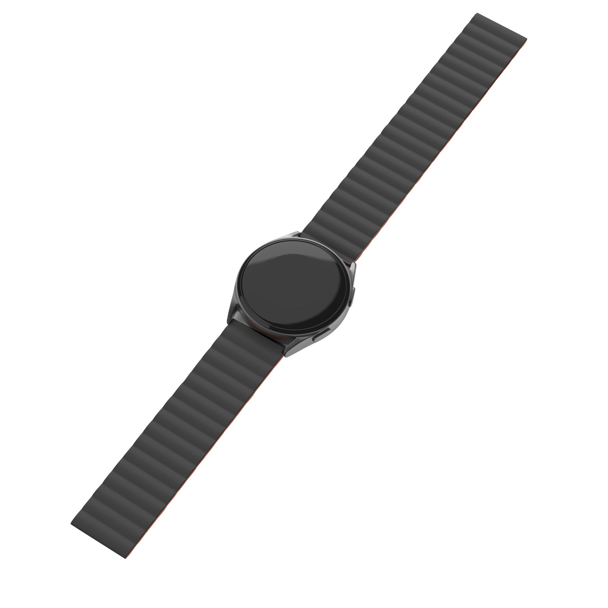 Eine schwarze Smartwatch mit schwarzem Armband auf weißem Hintergrund. Die Uhr ist rund, das Band ist magnetisch befestigt.