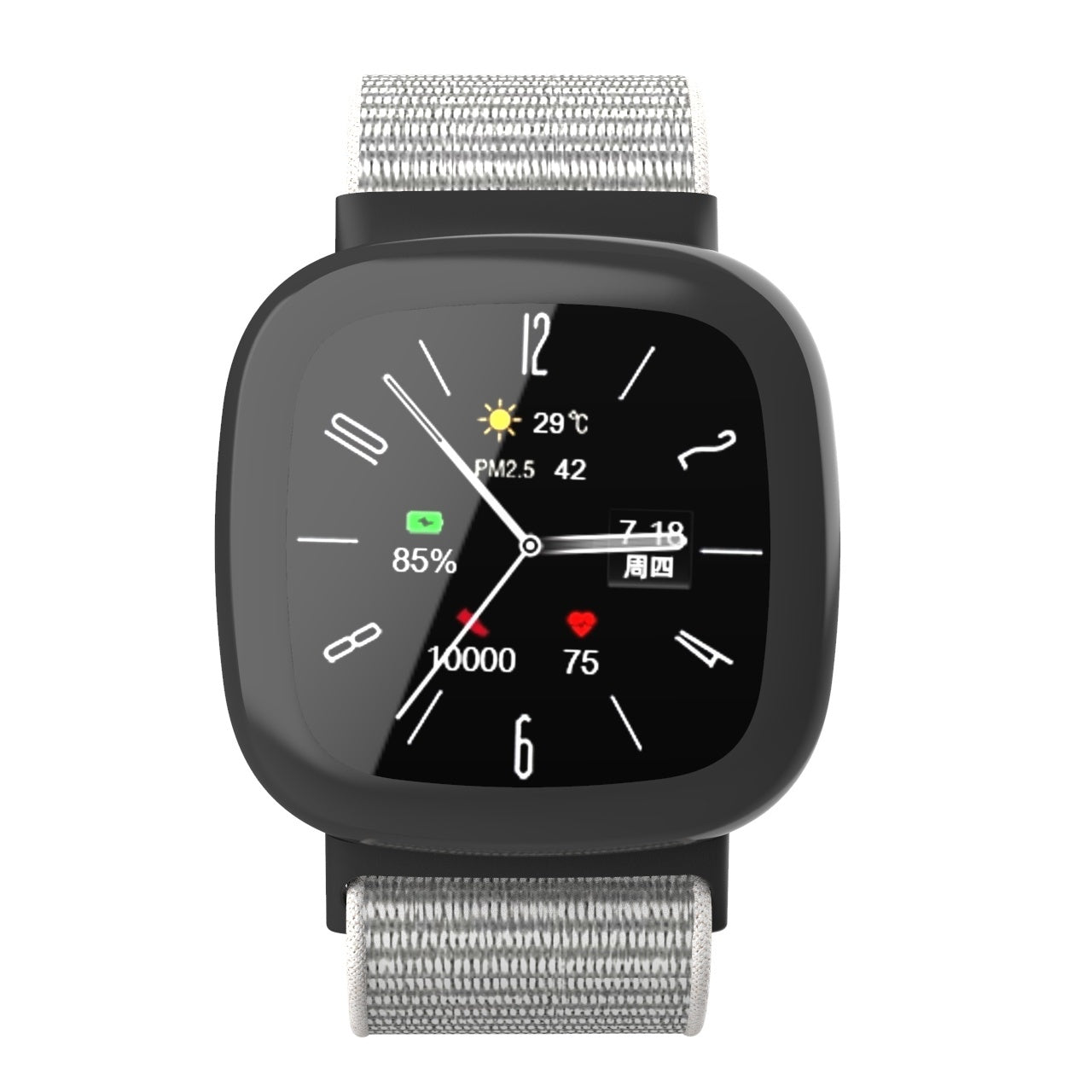 Eine schwarze Smartwatch zeigt Zeit, Temperatur und Gesundheitsdaten an. Das Armband ist grau. Das Zifferblatt zeigt Zahlen und Symbole.