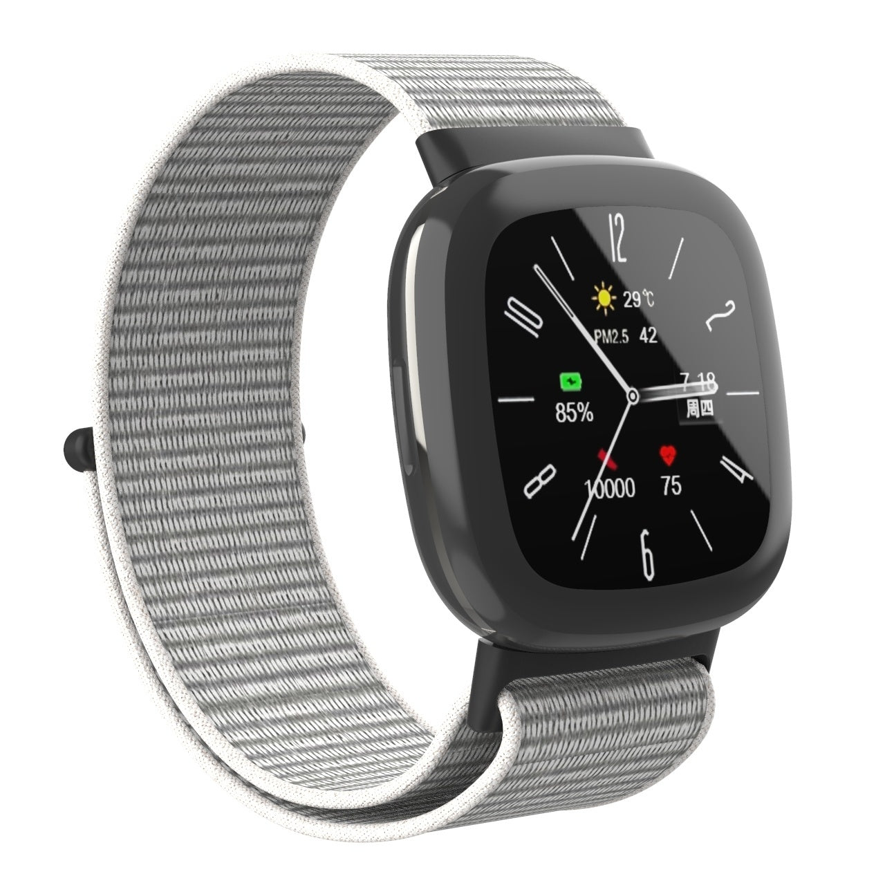 Eine schwarze Smartwatch mit grauem Stoffband. Das Zifferblatt zeigt Zeit, Temperatur und Gesundheitsmetriken an.