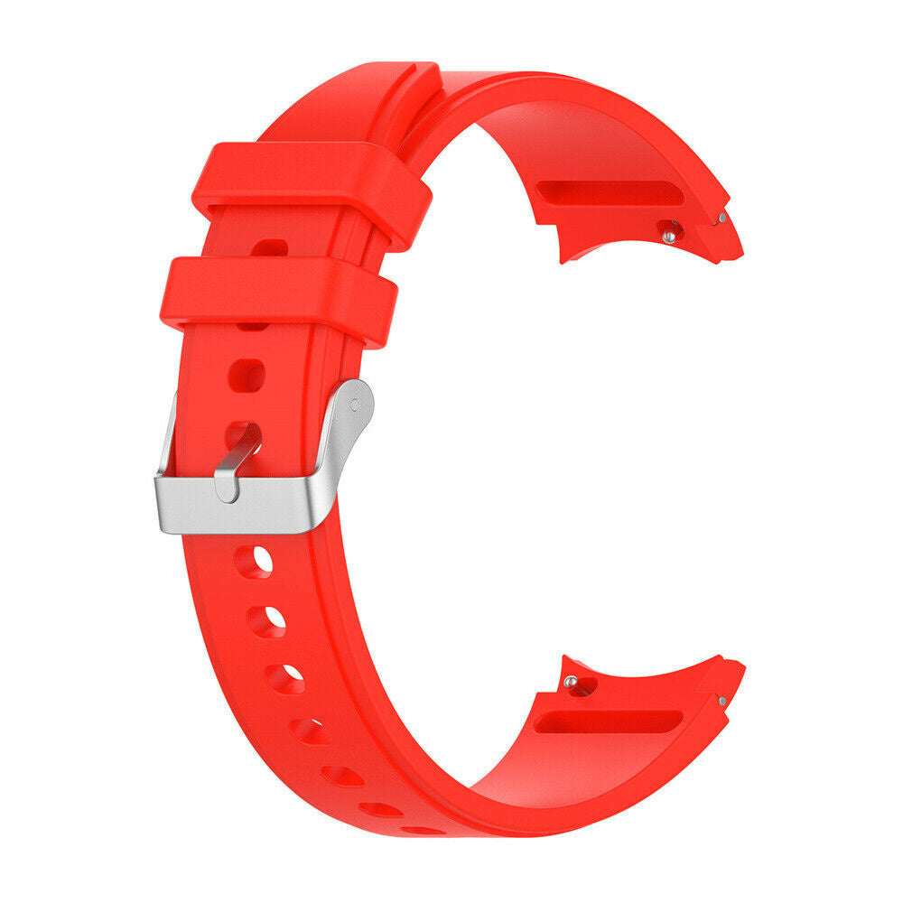 Ein leuchtend rotes Uhrenarmband mit silberner Schnalle. Das Armband hat mehrere Löcher und ist 'C'-förmig gebogen.