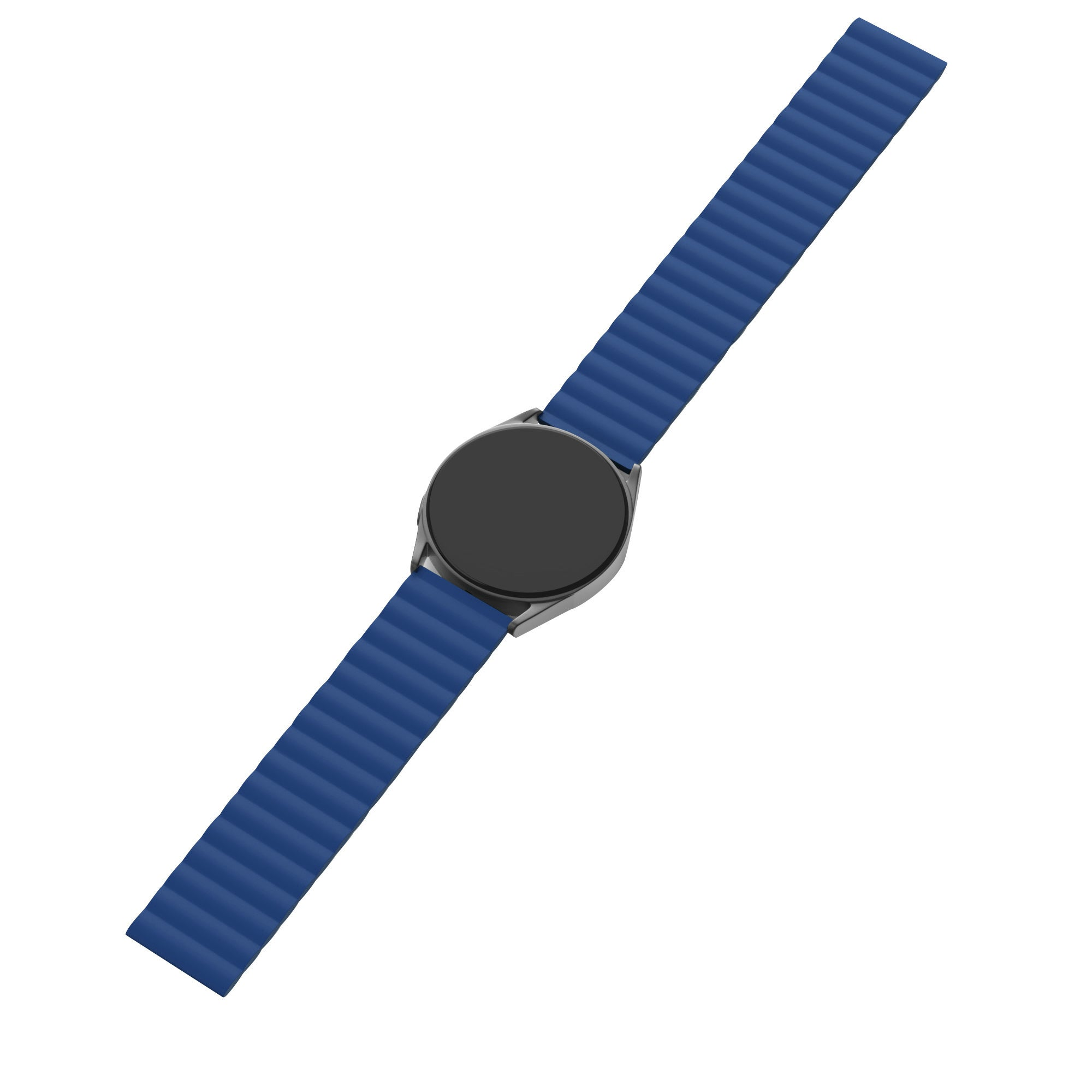 Eine Smartwatch mit schwarzem Zifferblatt und einem blauen, geriffelten Armband. Die Uhr ist vor weißem Hintergrund platziert.