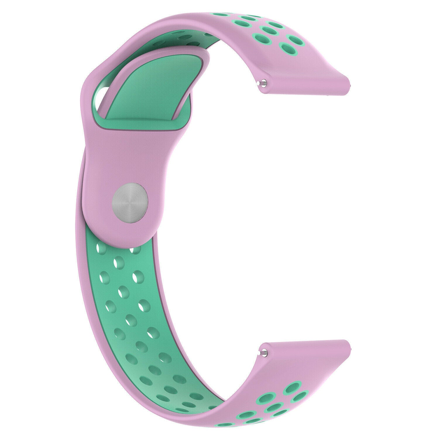 Ein rosa und grünes Uhrenarmband mit Löchern, C-förmig gebogen. Der Innenteil ist grün, der äußere rosa. Silberner Knopf an der Seite.