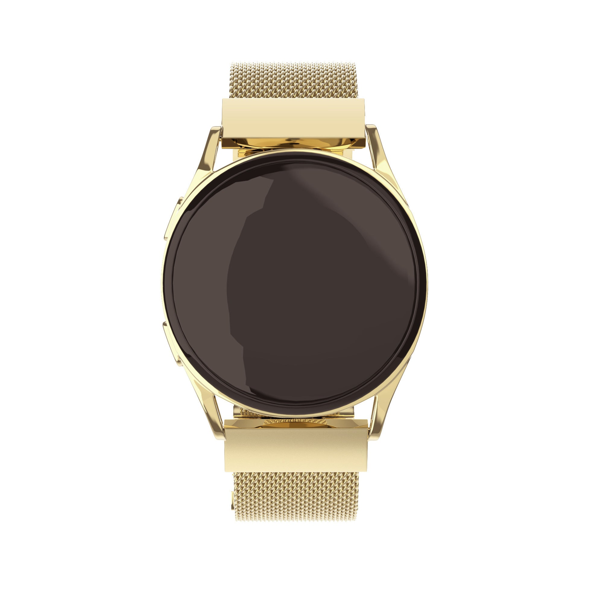 Eine goldene Smartwatch mit dunklem Bildschirm und Mesh-Armband. Sie ist vor weißem Hintergrund zentriert und zeigt Details.