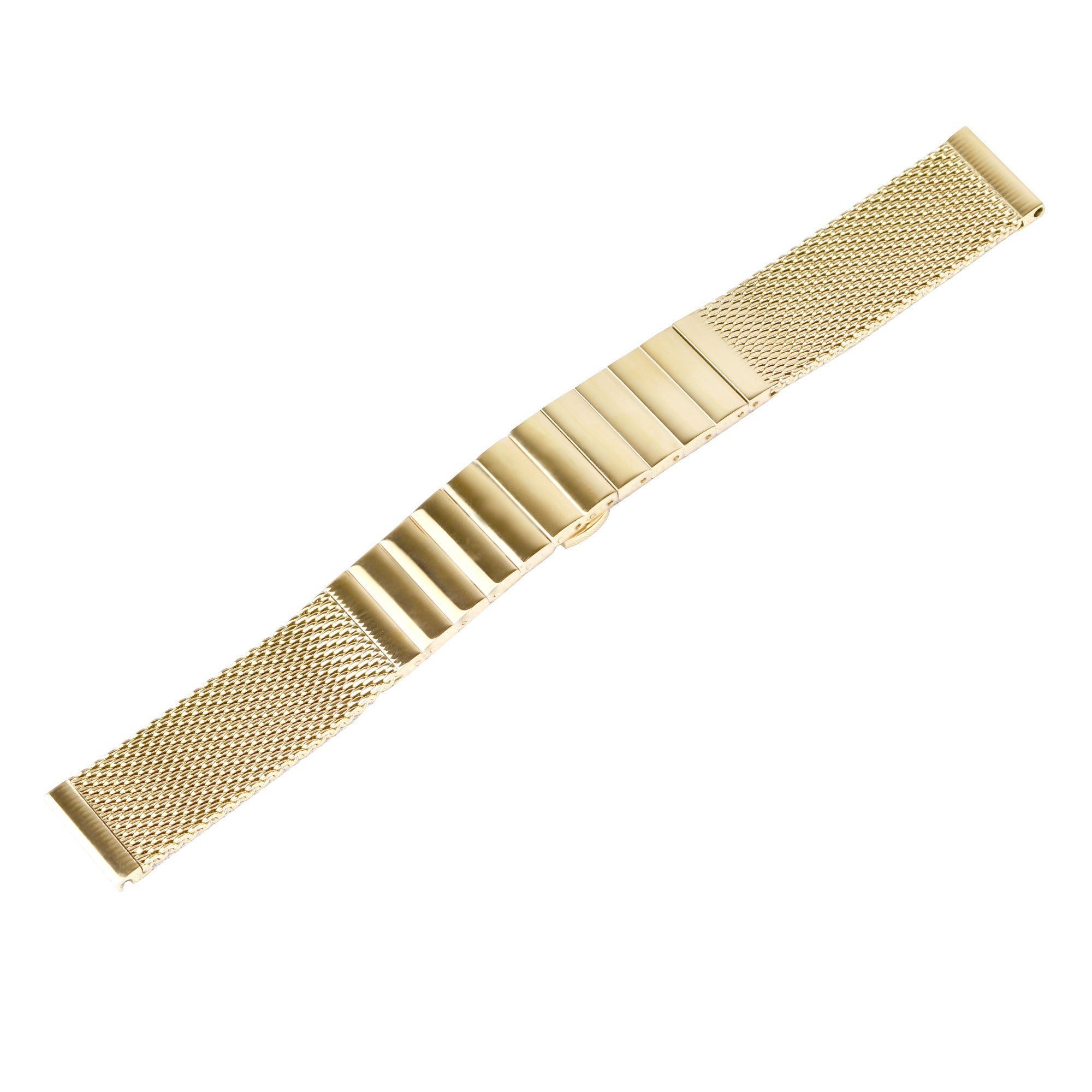 Ein goldenes Metallarmband liegt auf weißem Hintergrund. Es hat ein Mesh-Design auf jeder Seite und einen Verschluss in der Mitte.